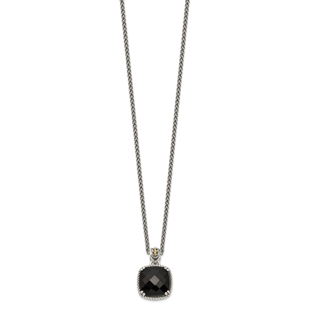 Shey Couture Sterling Silver with 14K Accent 18 Inch Antiqued Checkerboard-cut Black Onyx Necklace