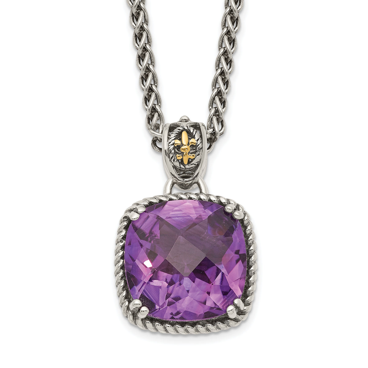 Shey Couture Sterling Silver with 14K Accent 18 Inch Antiqued Cushion Checkerboard Amethyst Necklace