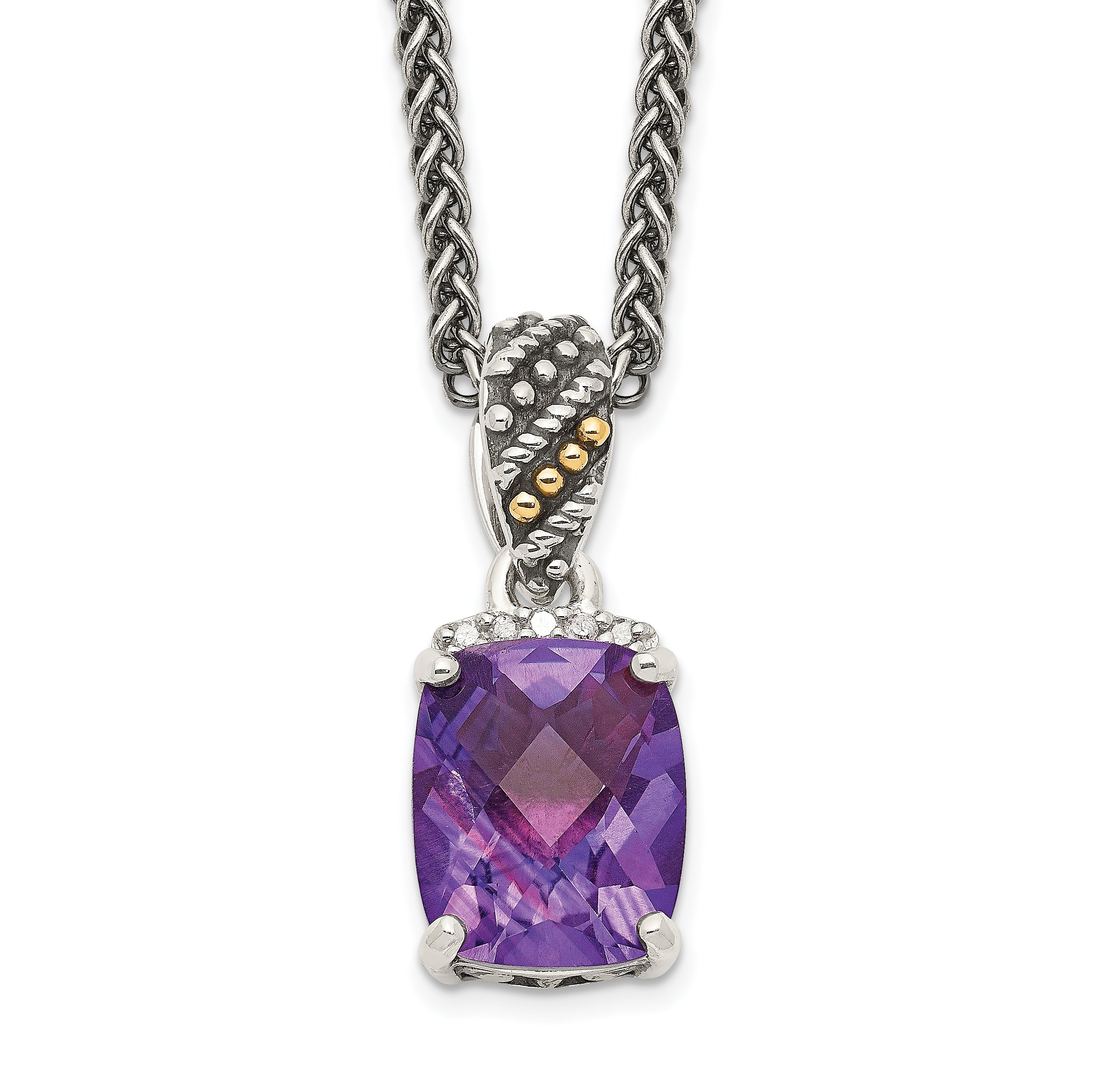 Shey Couture Sterling Silver with 14K Accent 18 Inch Antiqued Diamond and Checkerboard-cut Cushion Amethyst Necklace