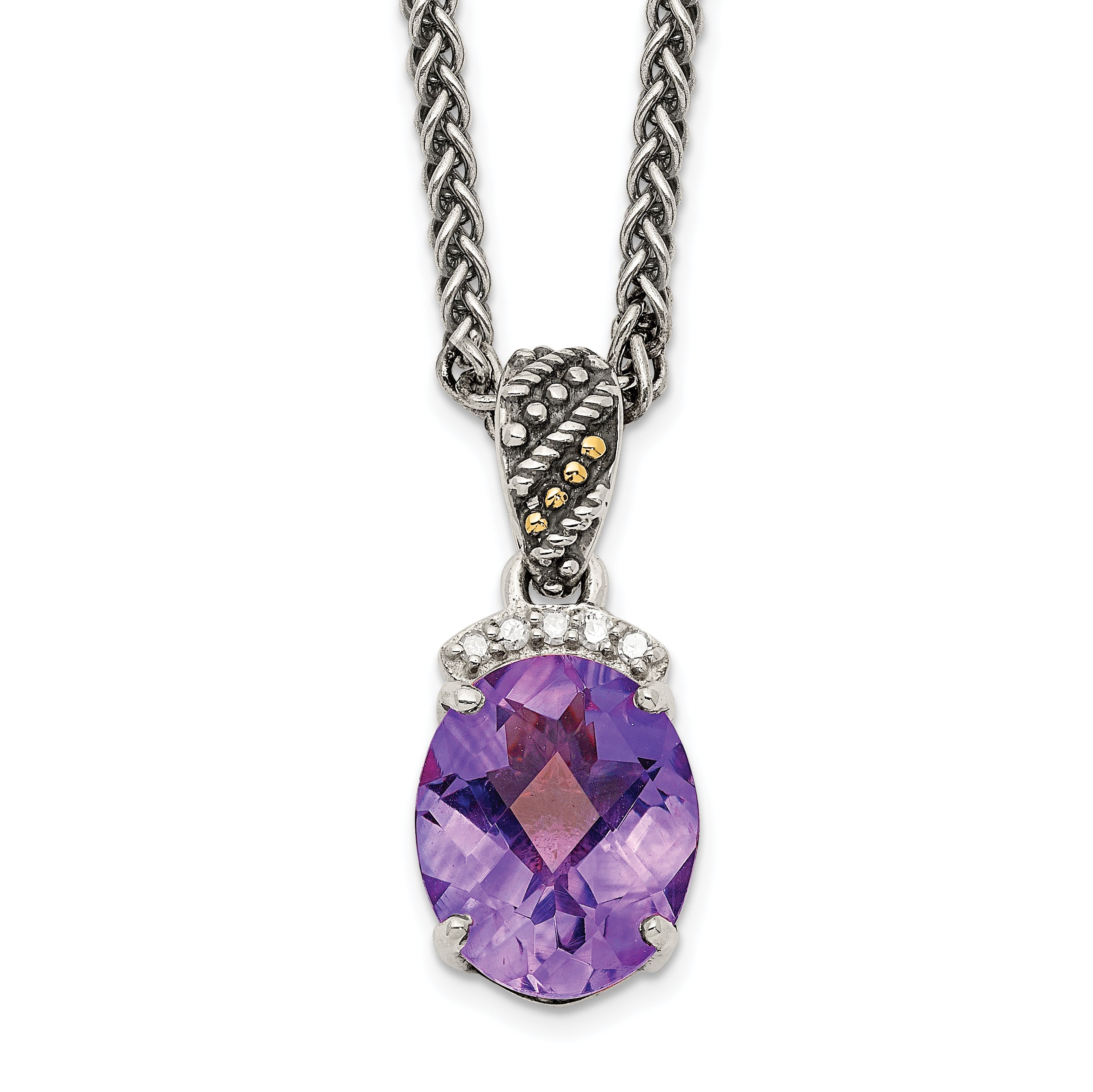 Shey Couture Sterling Silver with 14K Accent 18 Inch Antiqued Checkerboard-cut Oval Amethyst and Diamond Necklace Main image