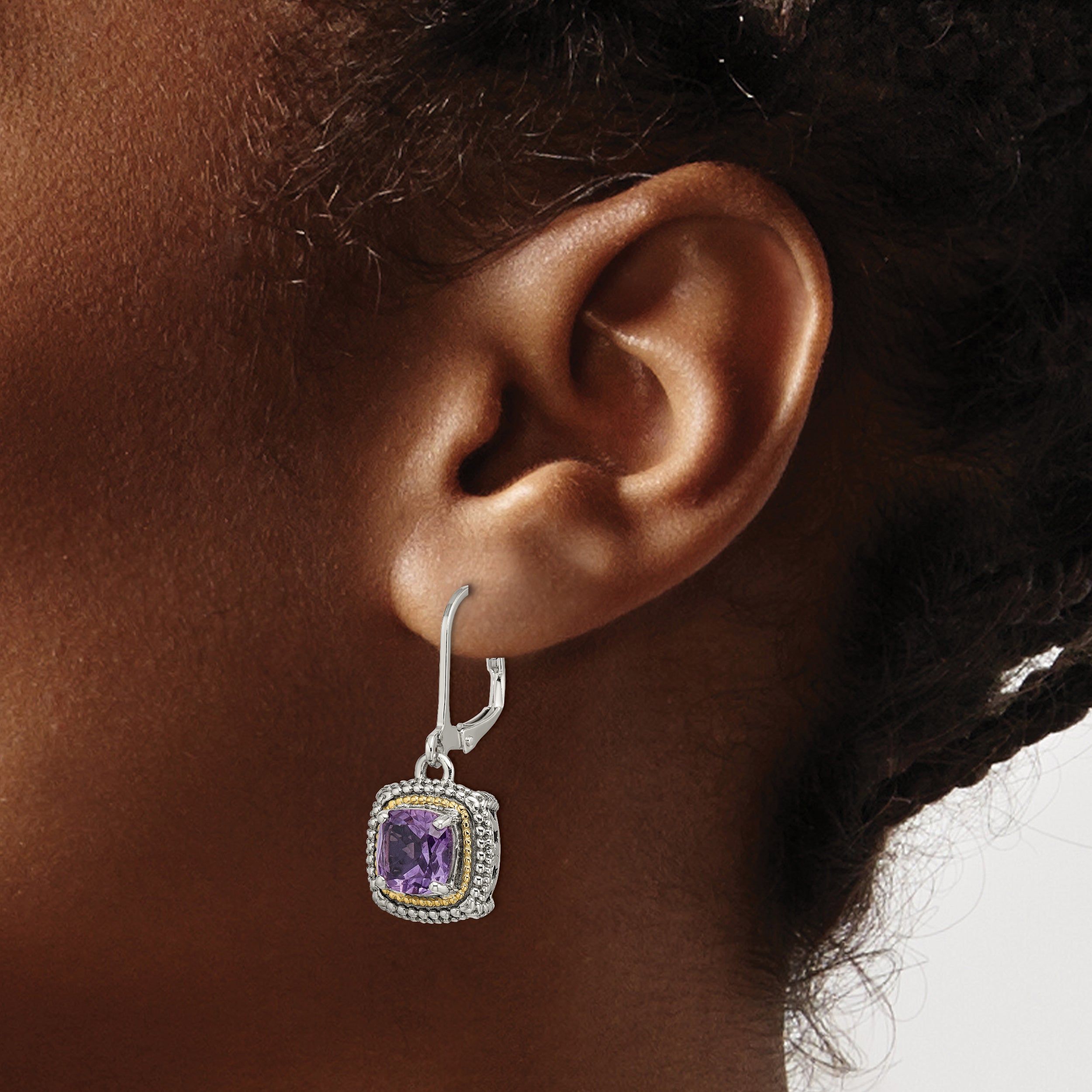 Shey Couture Sterling Silver with 14K Accent Antiqued Cushion Amethyst Leverback Earrings