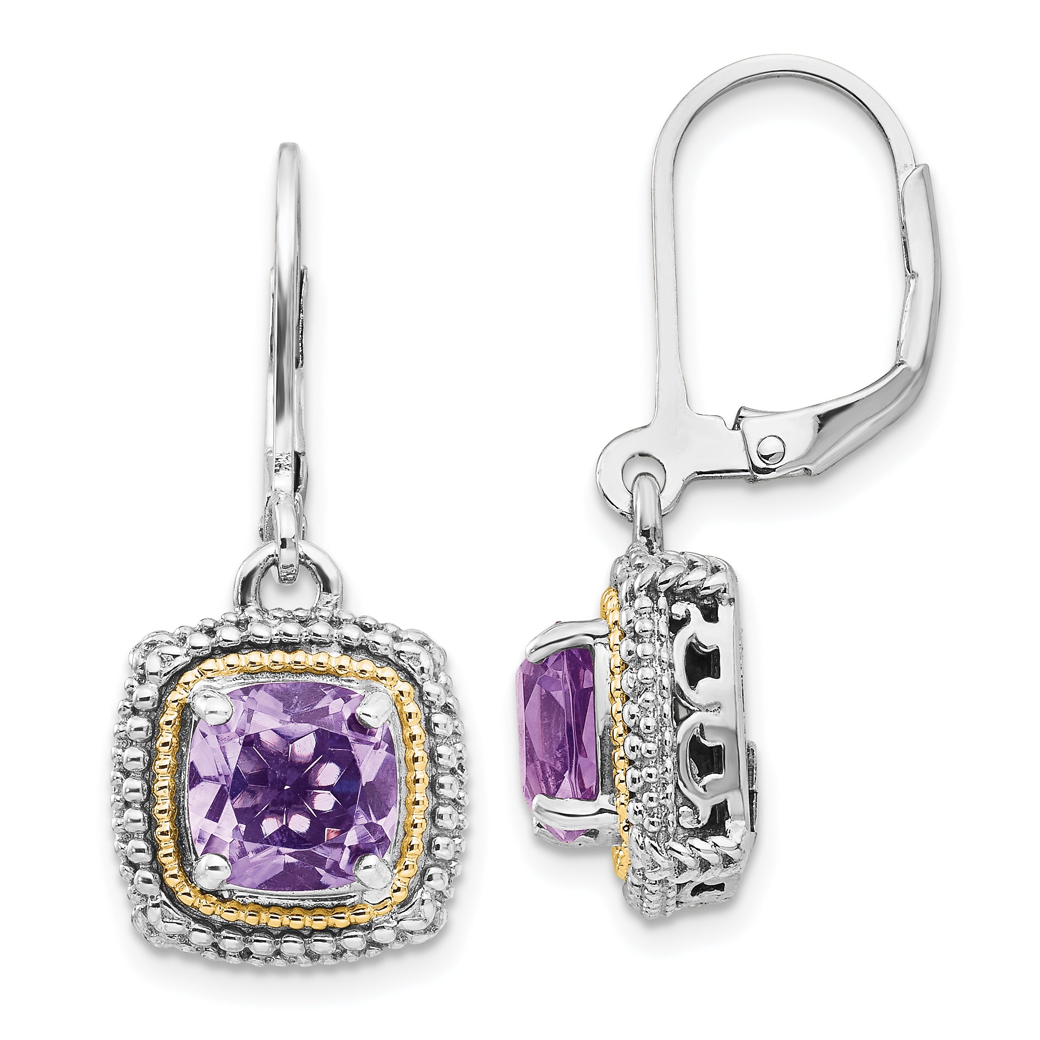 Shey Couture Sterling Silver with 14K Accent Antiqued Cushion Amethyst Leverback Earrings Main image