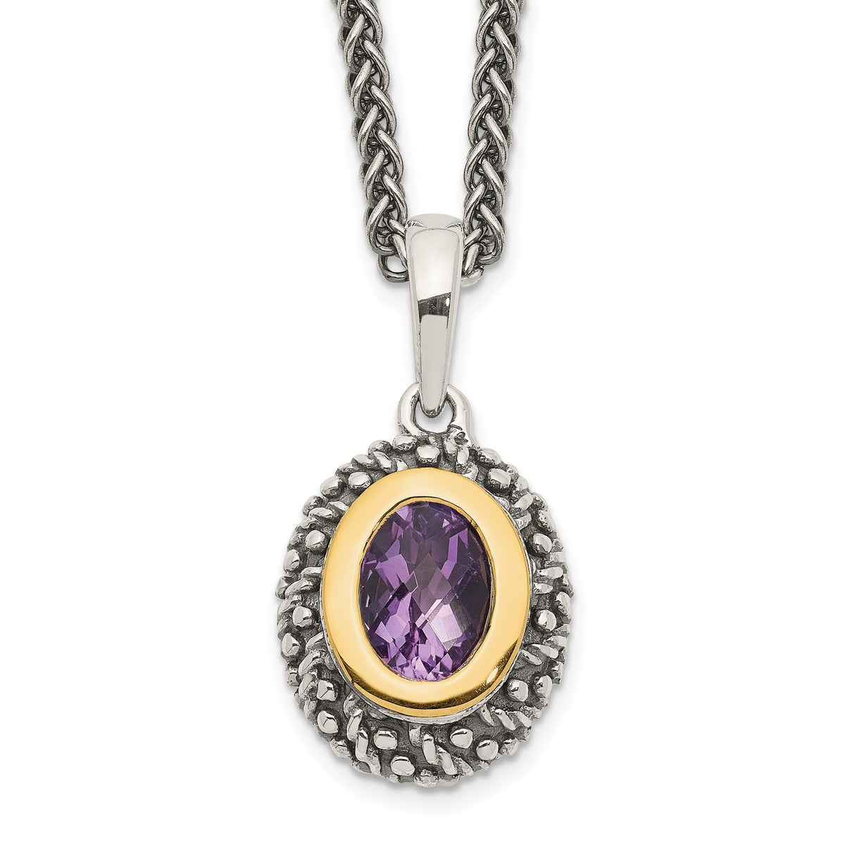 Shey Couture Sterling Silver with 14K Accent 18 Inch Antiqued Oval Bezel Amethyst Necklace