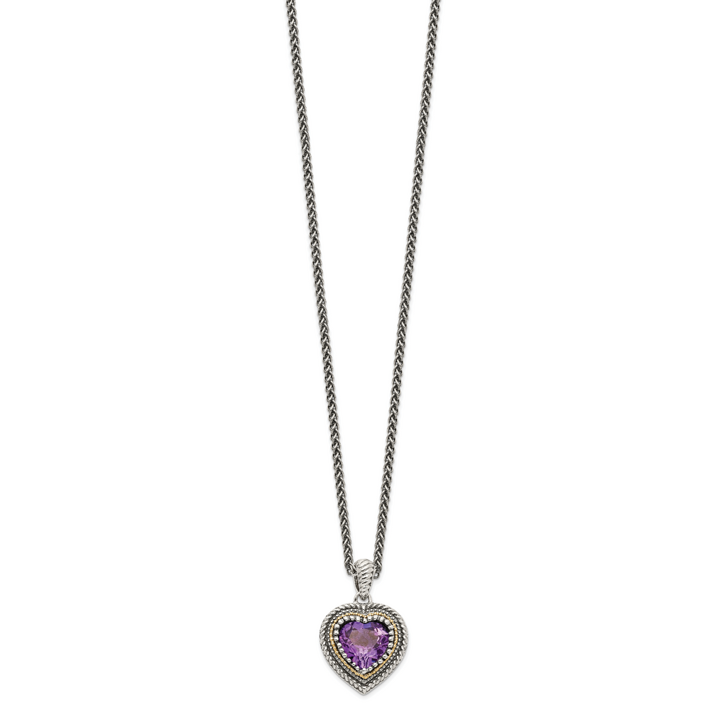 Sterling Silver & 14K Gold Amethyst Heart Necklace Vintage Inspired Elegance