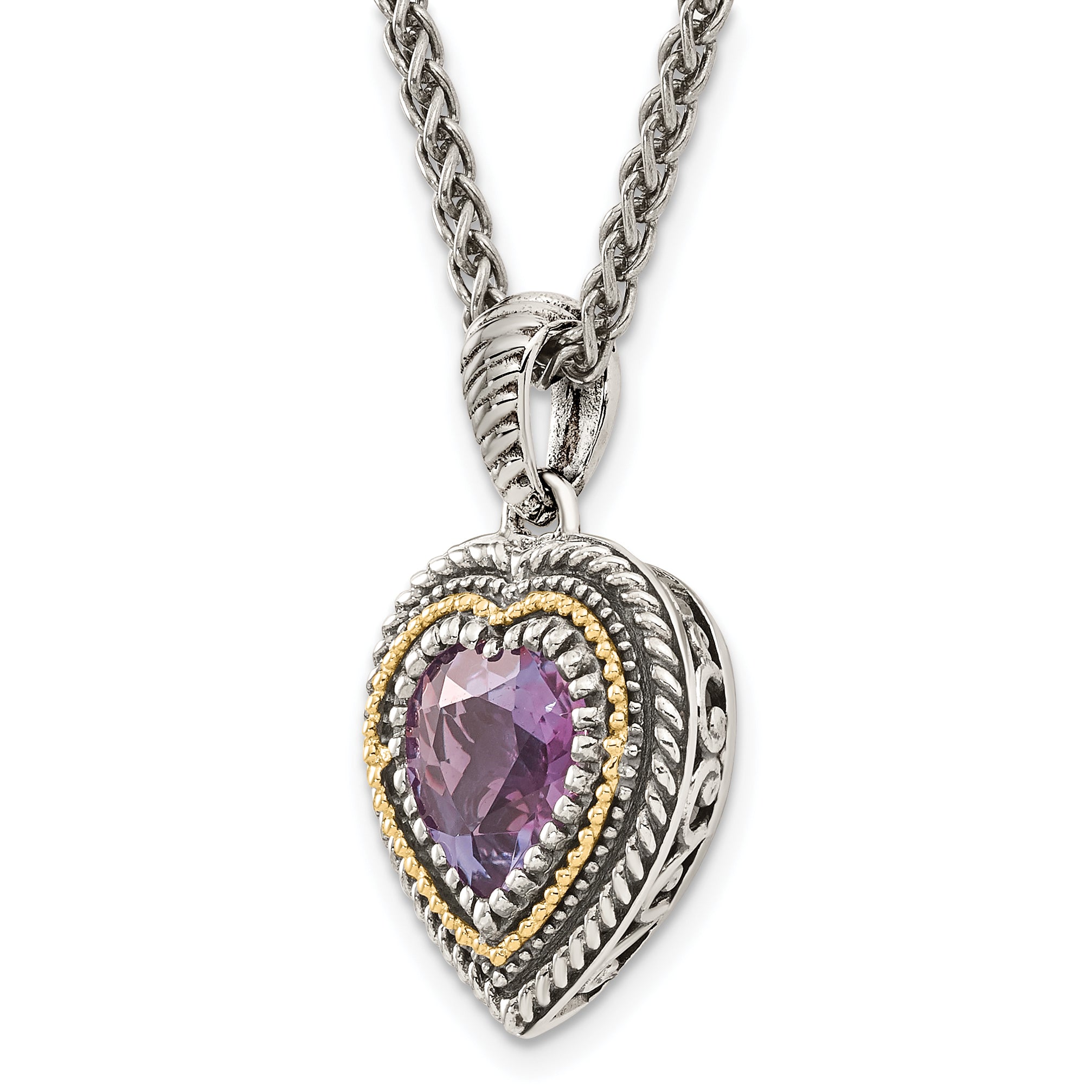 Sterling Silver & 14K Gold Amethyst Heart Necklace Vintage Inspired Elegance