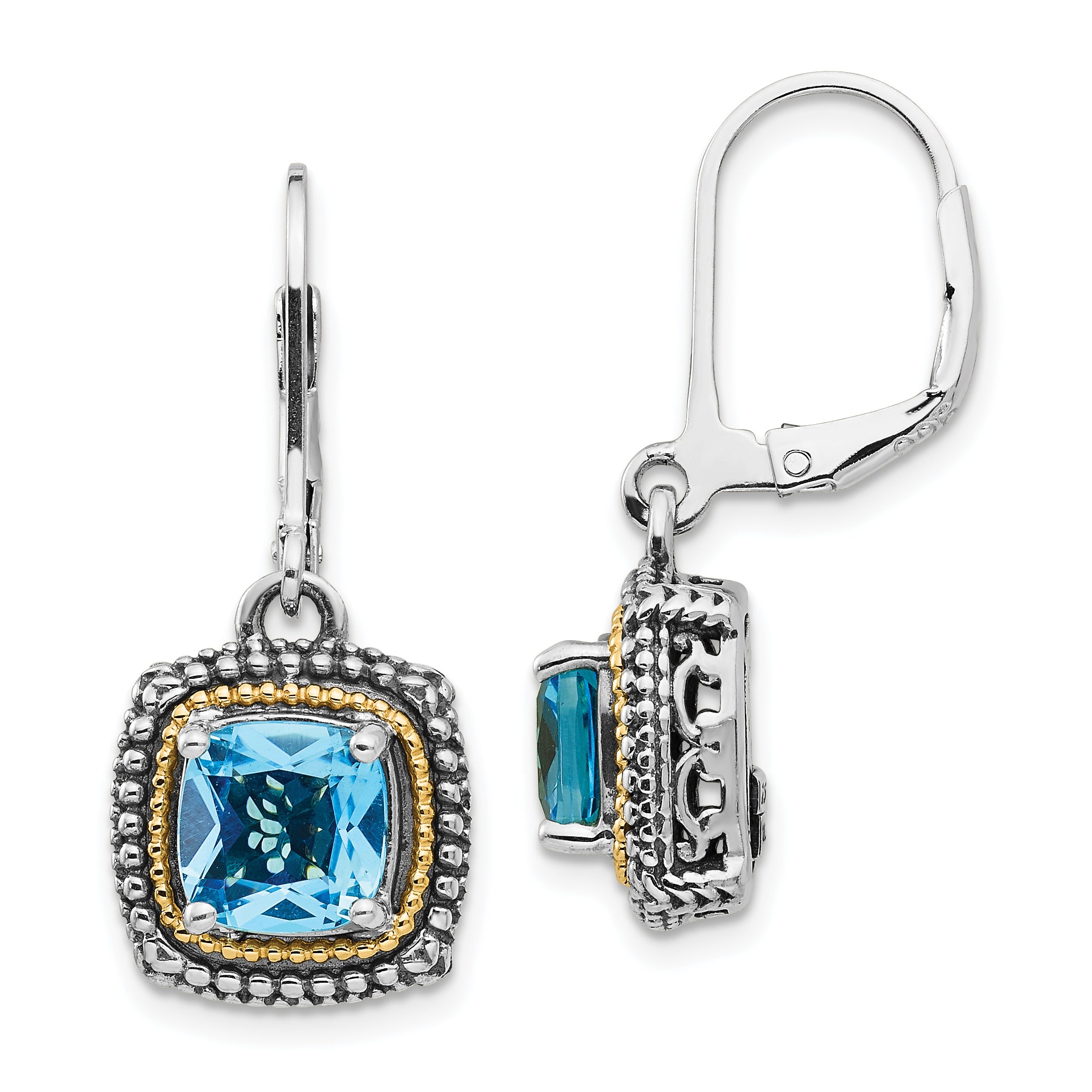 Shey Couture Sterling Silver with 14K Accent Antiqued Cushion Light Swiss Blue Topaz Leverback Dangle Earrings Main image