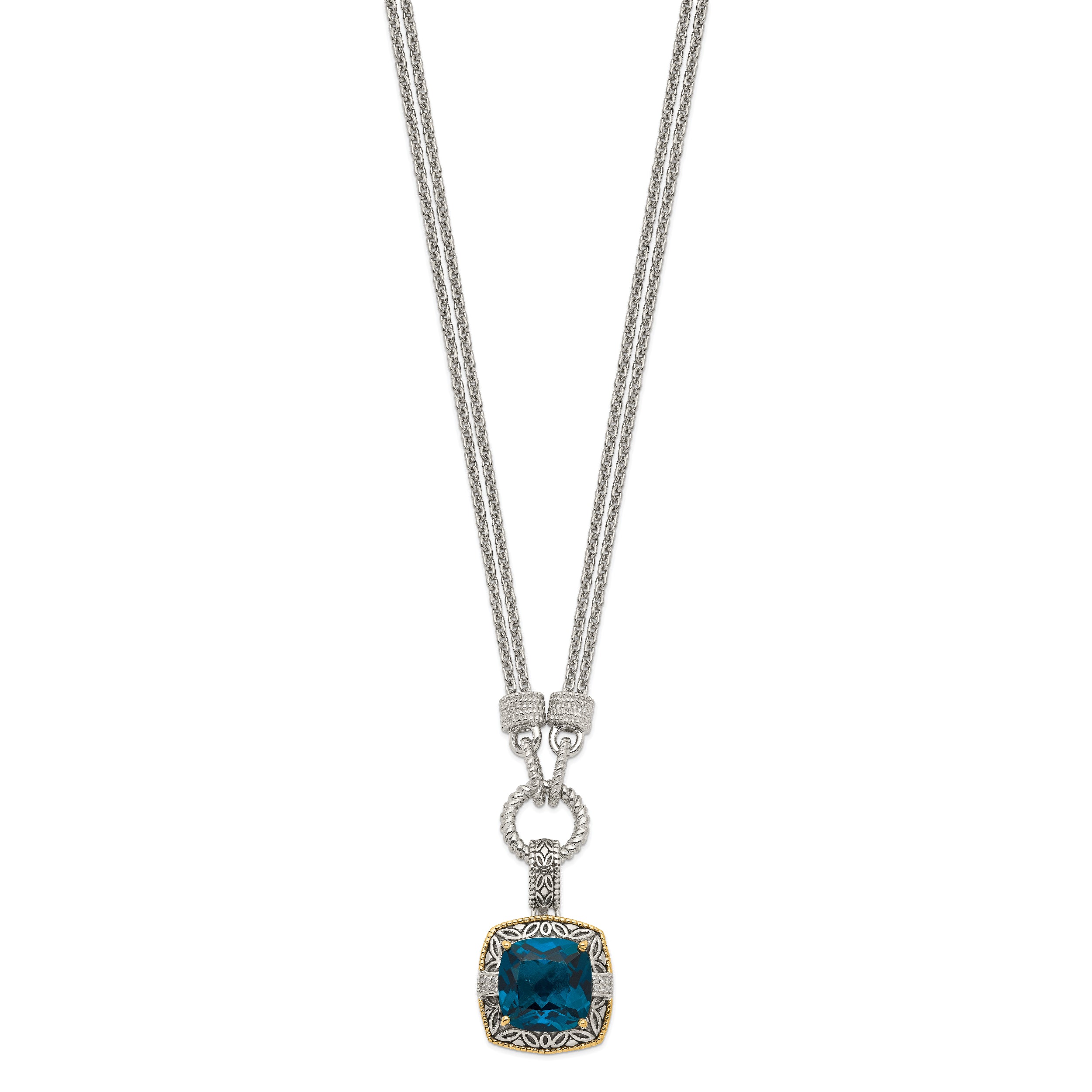 Shey Couture Sterling Silver with 14K Accent 17 Inch Antiqued Cushion London Blue Topaz and Diamond Plus 1in. Ext. Necklace