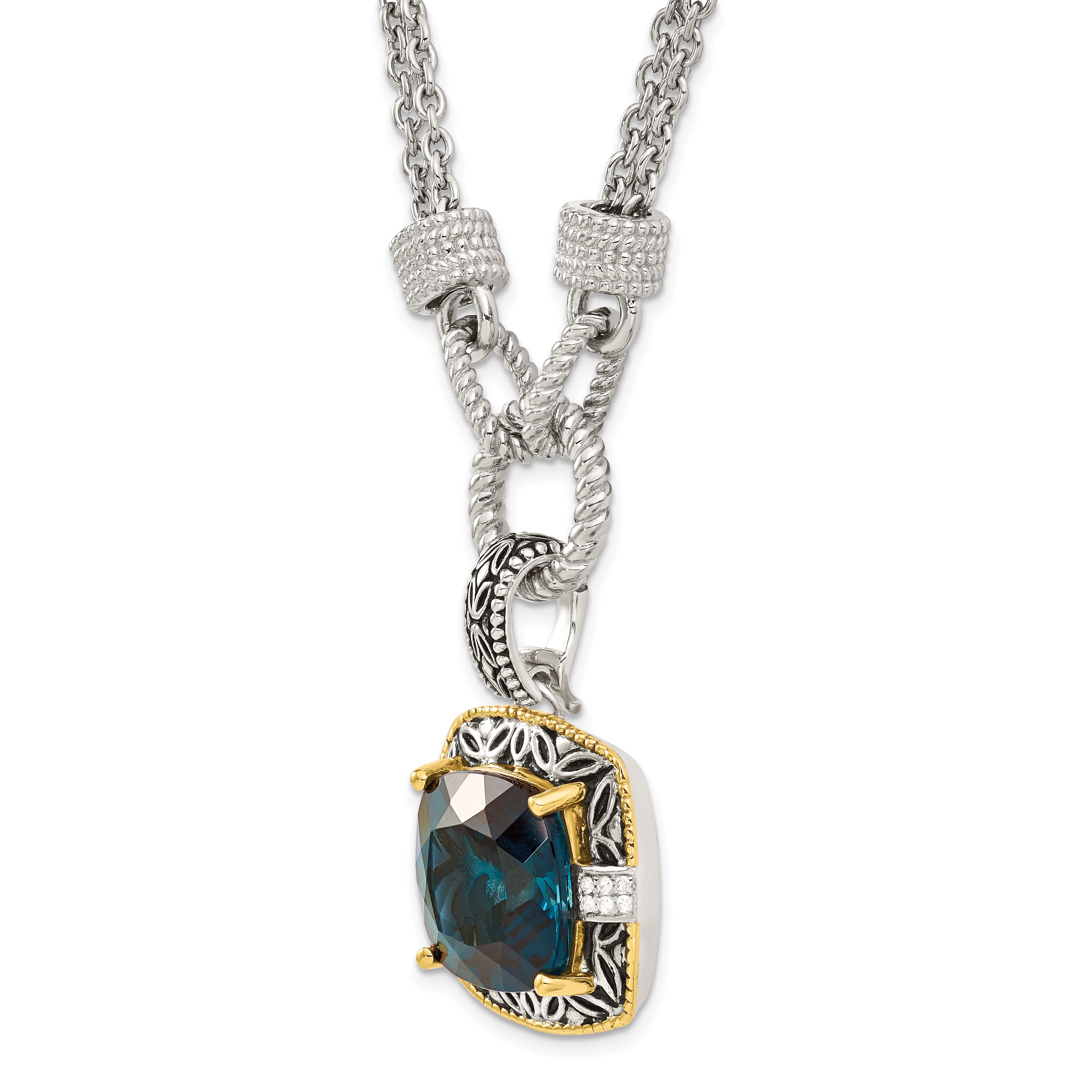 Shey Couture Sterling Silver with 14K Accent 17 Inch Antiqued Cushion London Blue Topaz and Diamond Plus 1in. Ext. Necklace