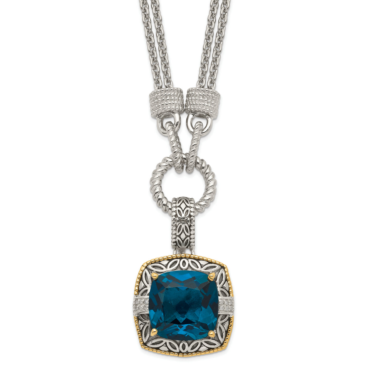 Shey Couture Sterling Silver with 14K Accent 17 Inch Antiqued Cushion London Blue Topaz and Diamond Plus 1in. Ext. Necklace