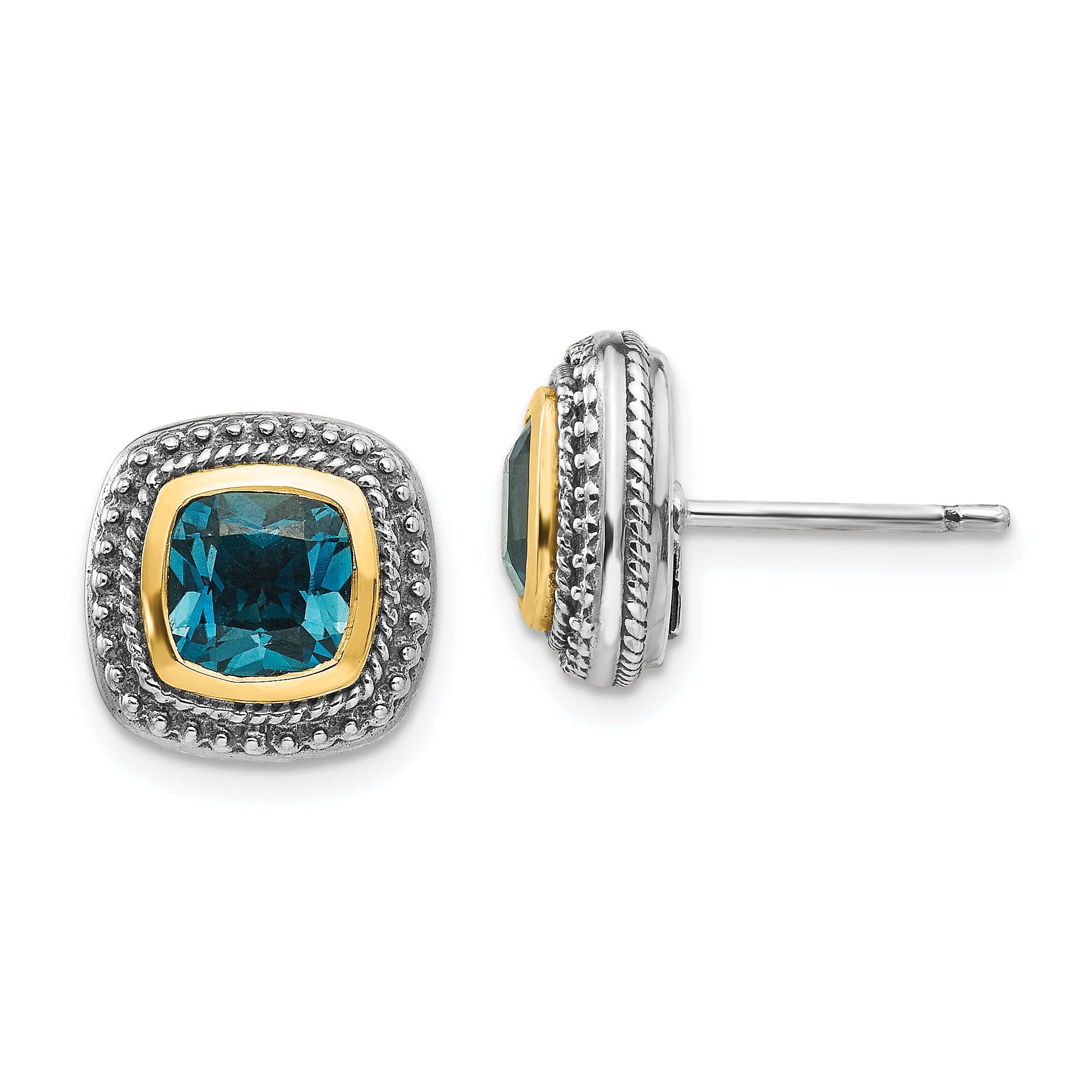 Shey Couture Sterling Silver with 14K Accent Antiqued Cushion London Blue Topaz Post Earrings Main image