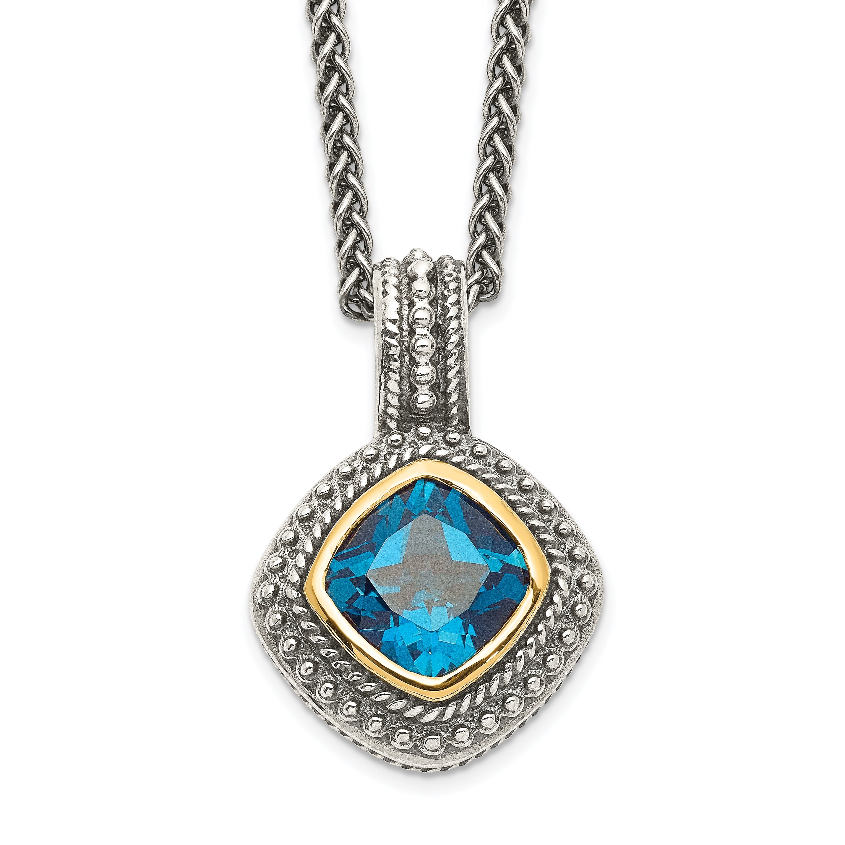 Shey Couture Sterling Silver with 14K Accent 18 Inch Antiqued Cushion Bezel London Blue Topaz Necklace Main image