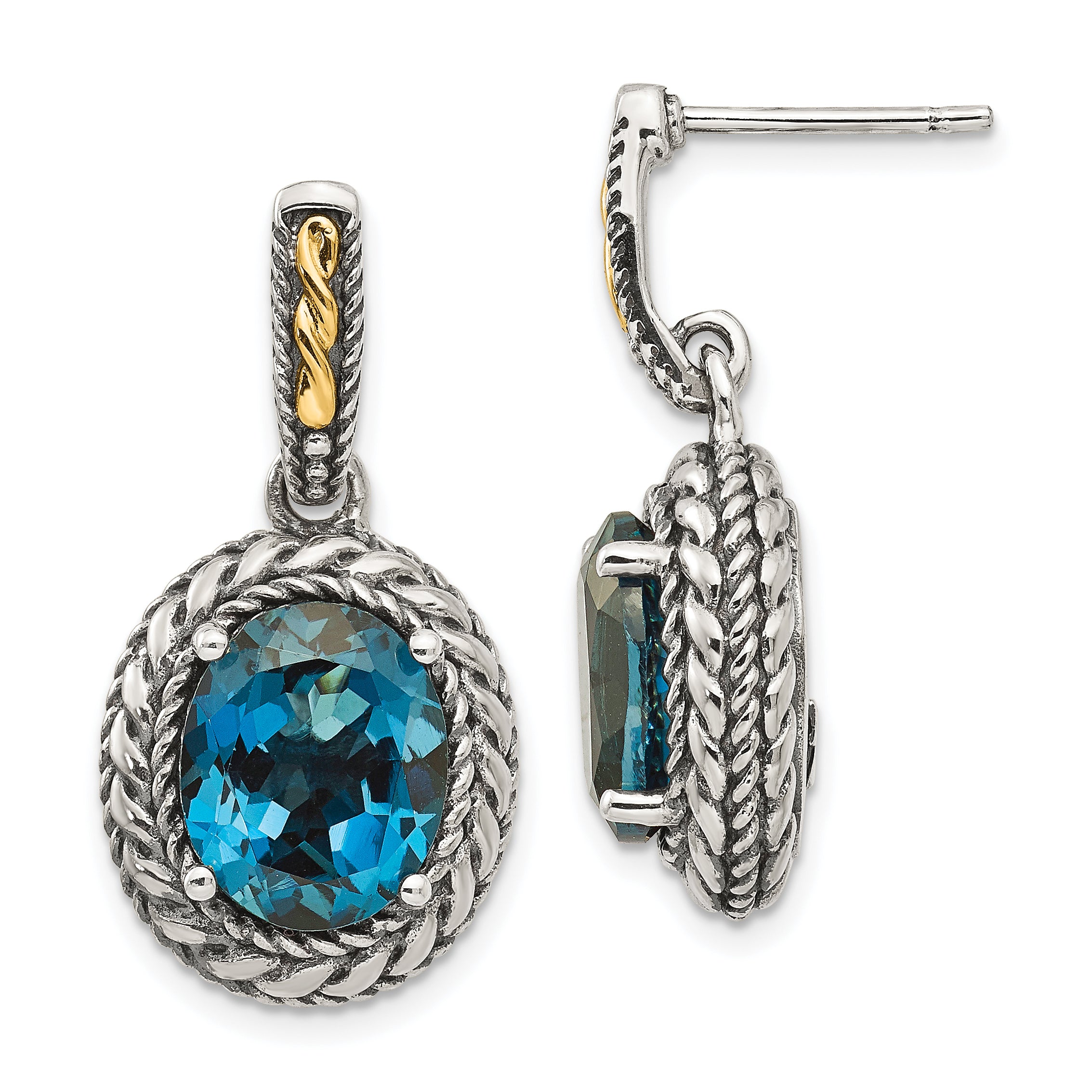 Shey Couture Sterling Silver with 14K Accent Antiqued Oval London Blue Topaz Post Dangle Earrings Main image