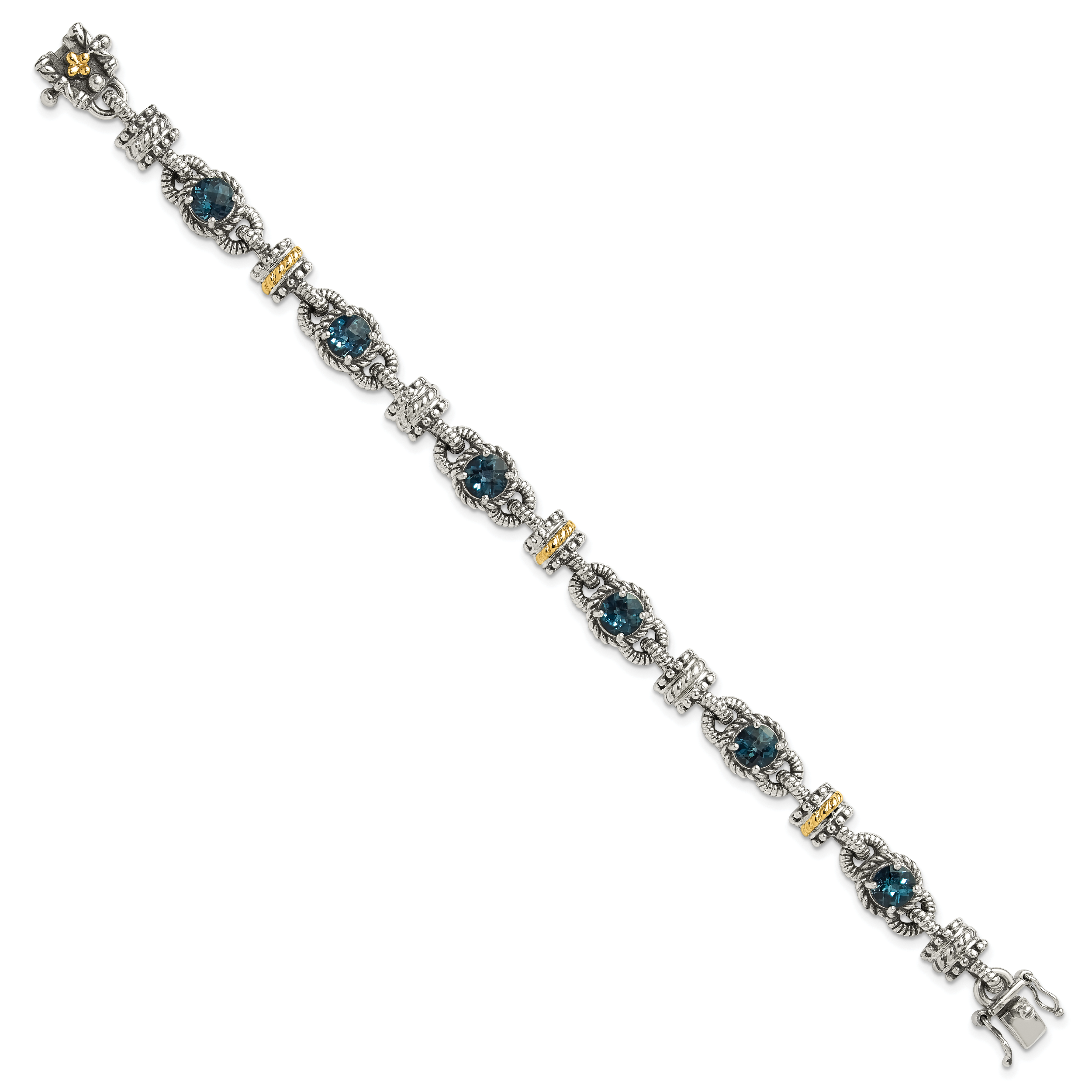 Shey Couture Sterling Silver with 14K Accent 7.25 Inch Antiqued Round London Blue Topaz Bracelet Secondary image