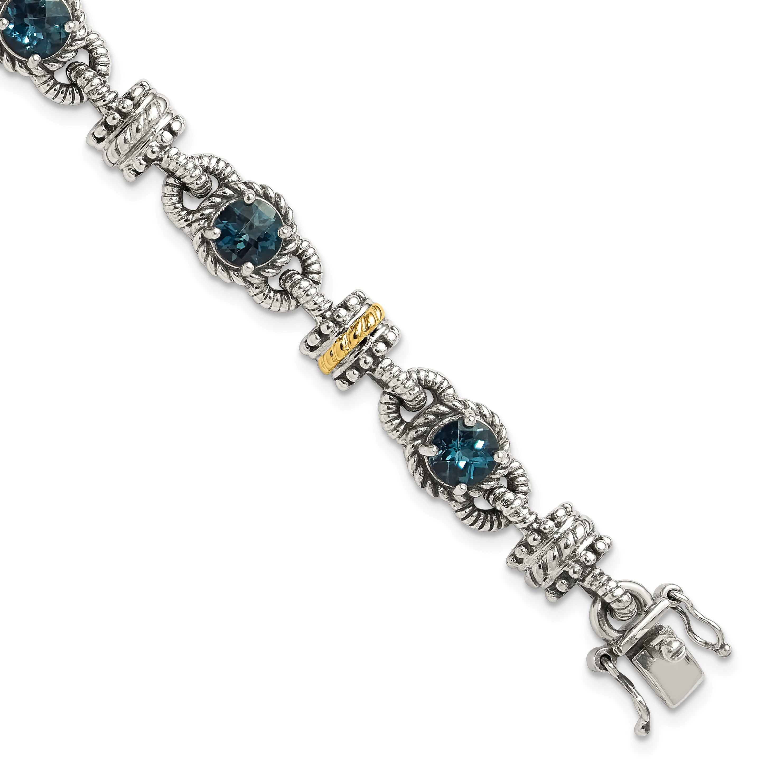 Shey Couture Sterling Silver with 14K Accent 7.25 Inch Antiqued Round London Blue Topaz Bracelet Main image
