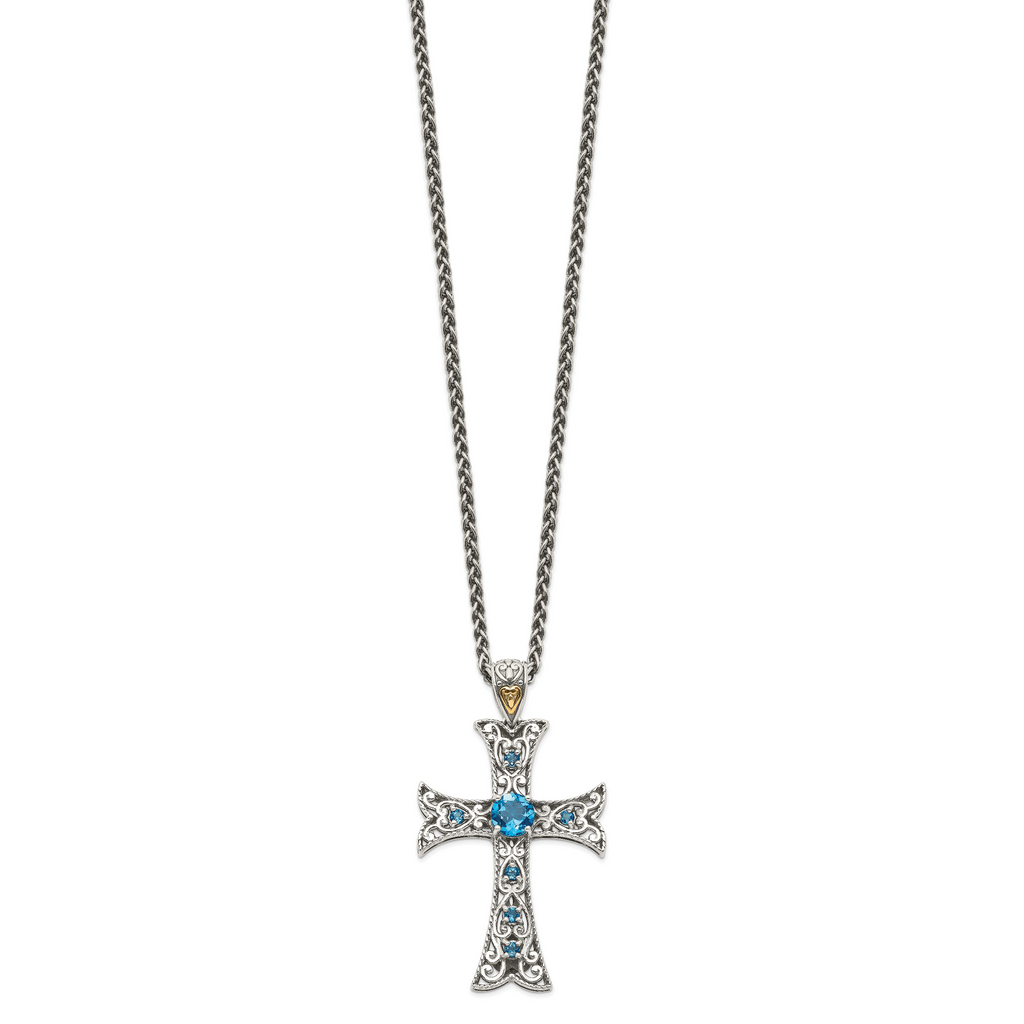 Shey Couture Sterling Silver with 14K Accent 18 Inch Antiqued Round London Blue Topaz Cross Necklace
