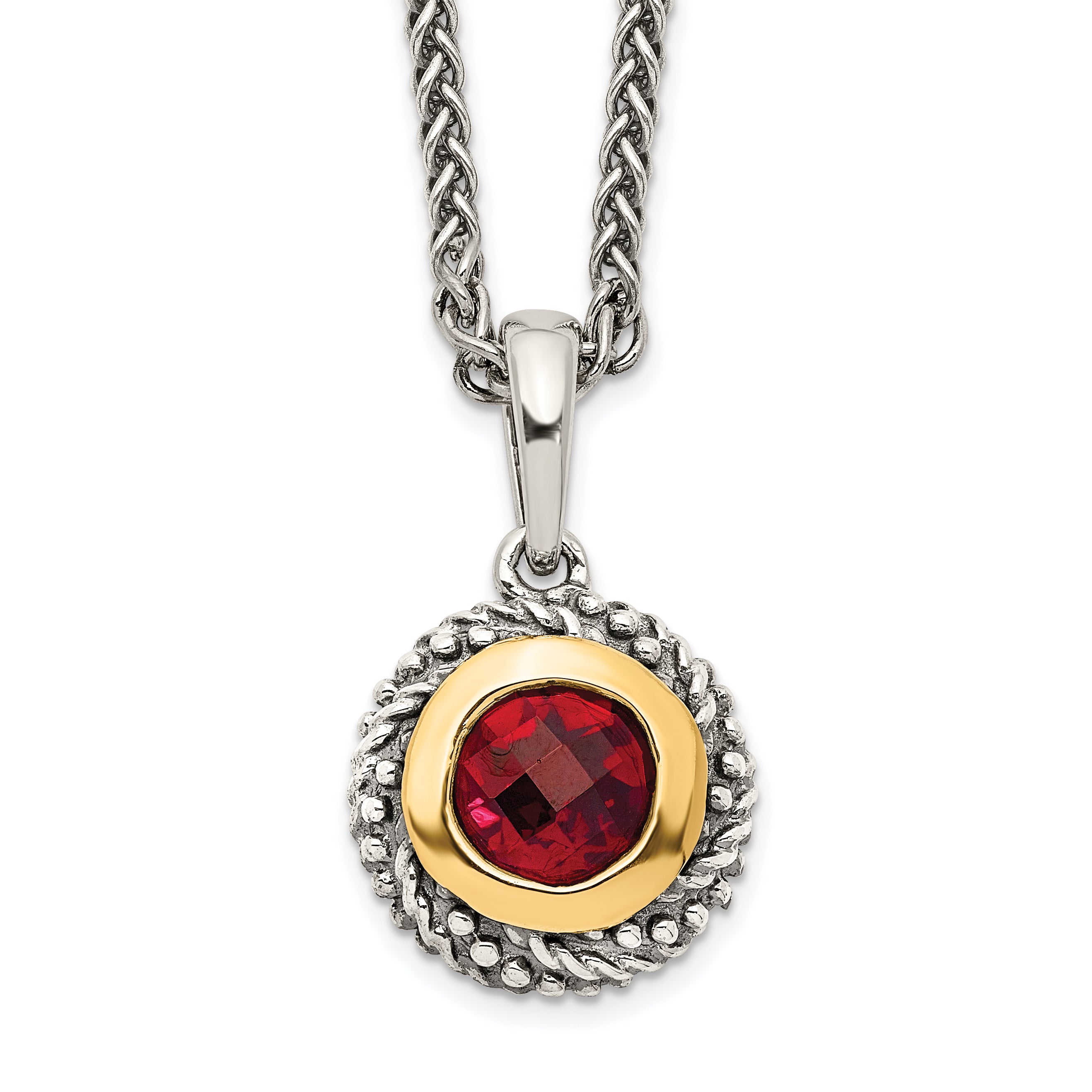 Shey Couture Sterling Silver with 14K Accent 18 Inch Antiqued Checkerboard Round Bezel Garnet Necklace Main image
