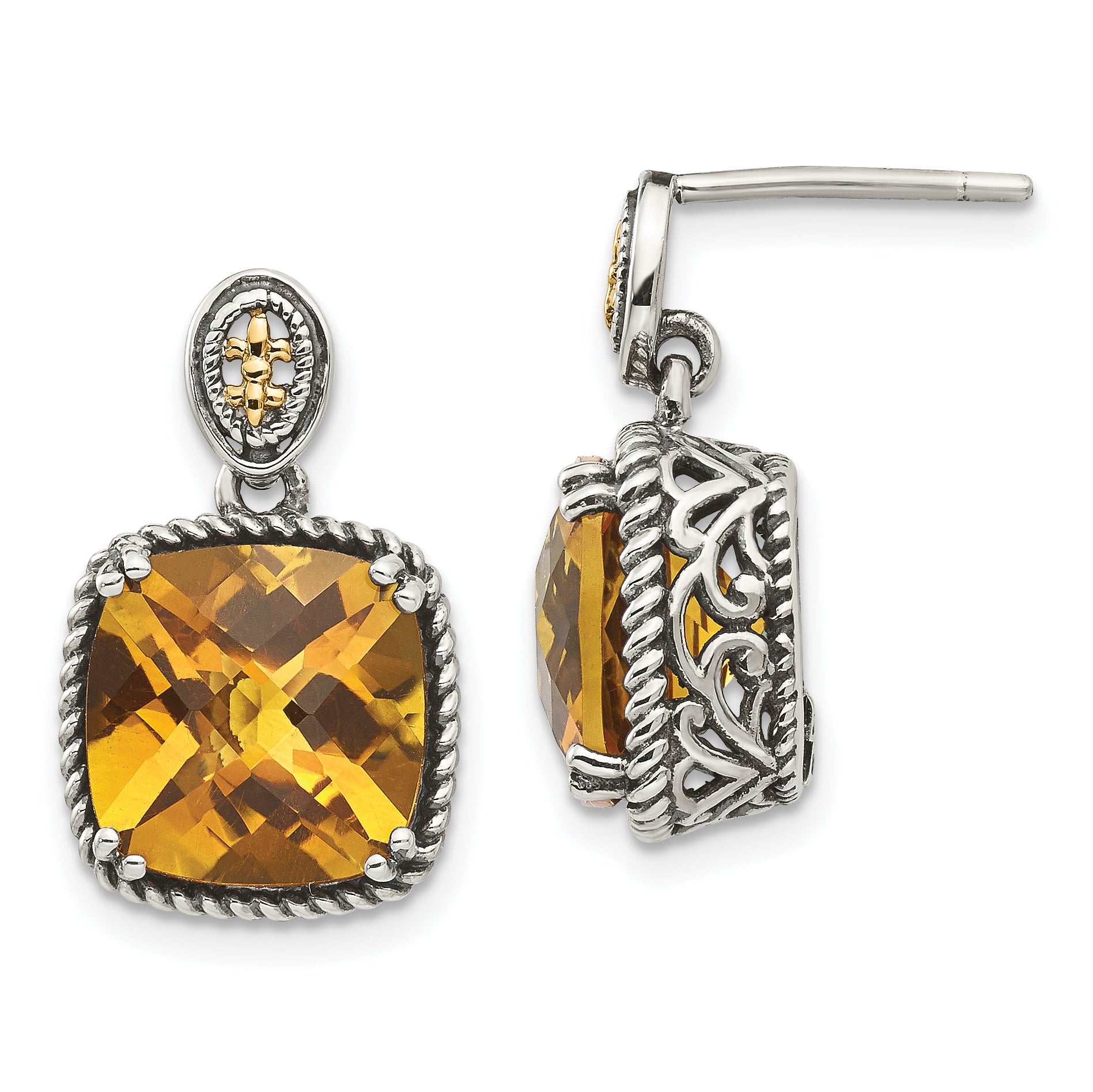 Shey Couture Sterling Silver with 14K Accent Antiqued Cushion Citrine Dangle Post Earrings Main image