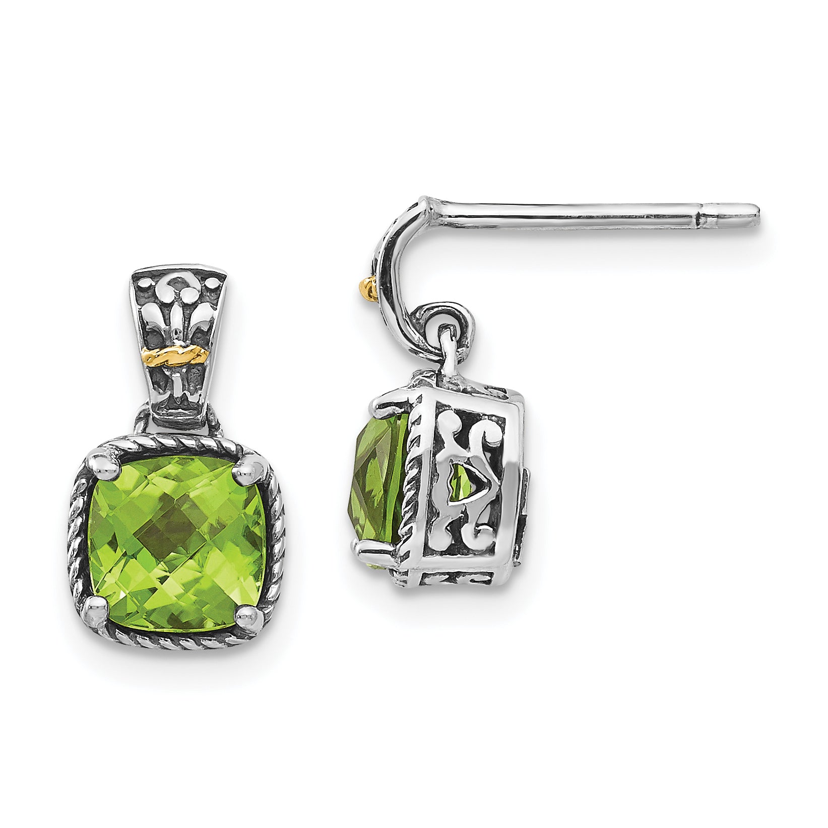 Shey Couture Sterling Silver with 14K Accent Antiqued Cushion Peridot Dangle Post Earrings Main image