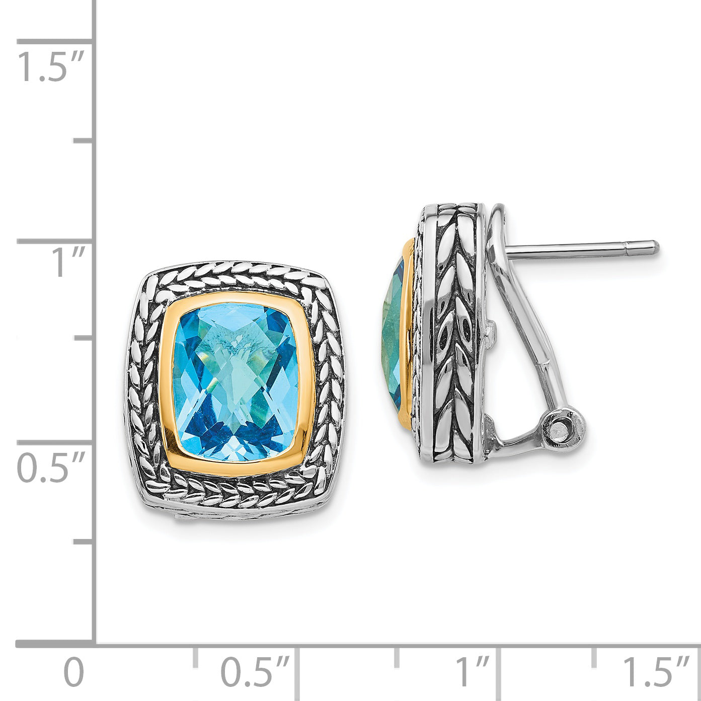 Swiss Blue Topaz Sterling Silver Earrings with 14K Gold Accents, Antique Style