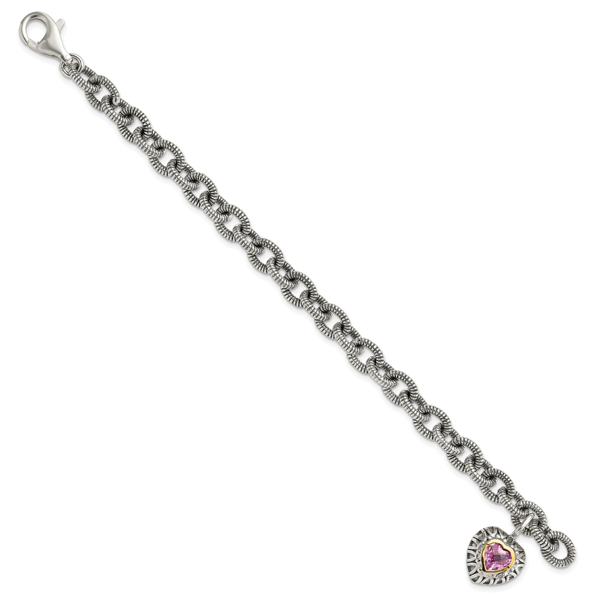 Shey Couture Sterling Silver with 14K Accent 7.5 Inch Antiqued Heart Bezel Created Pink Sapphire Heart Charm Bracelet Secondary image