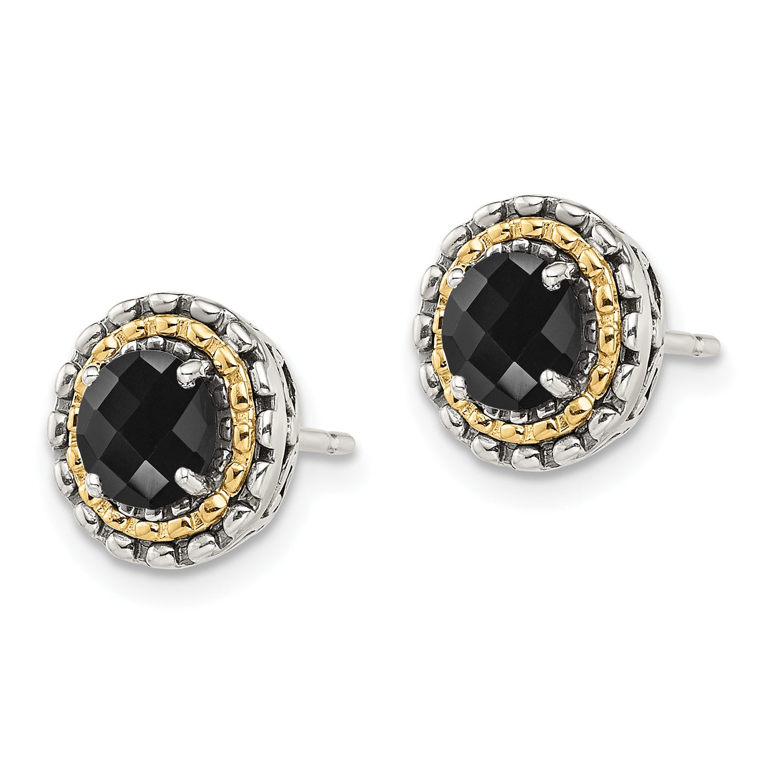 Shey Couture Sterling Silver with 14K Accent Antiqued Polished Checkerboard-cut Black Onyx Earrings Secondary image