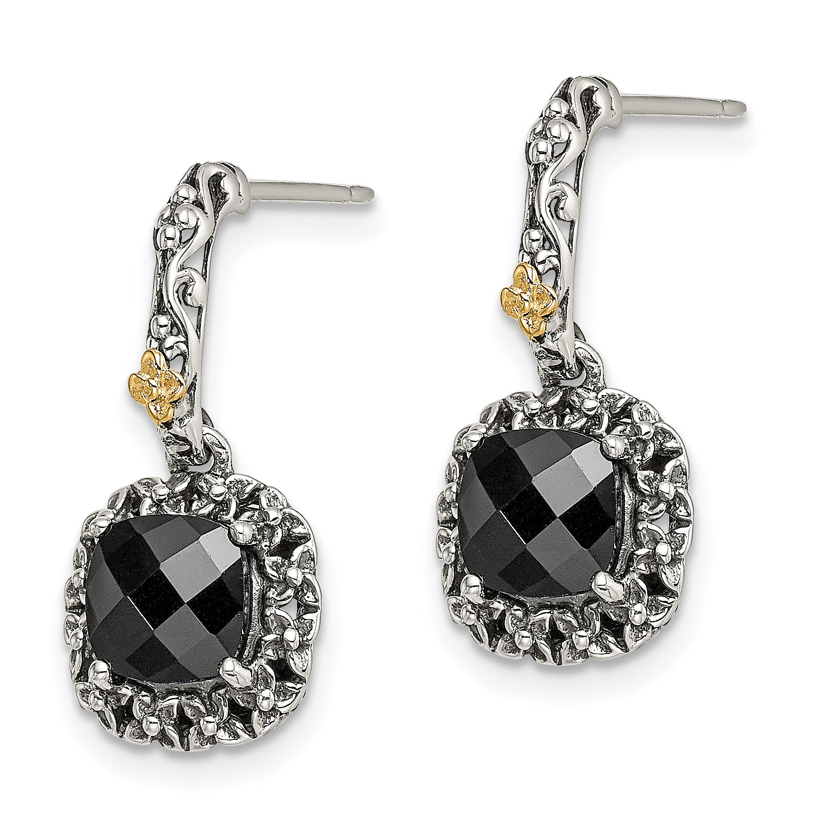 Shey Couture Sterling Silver with 14K Accent Antiqued Checkerboard-cut Black Onyx Post Dangle Earrings Secondary image