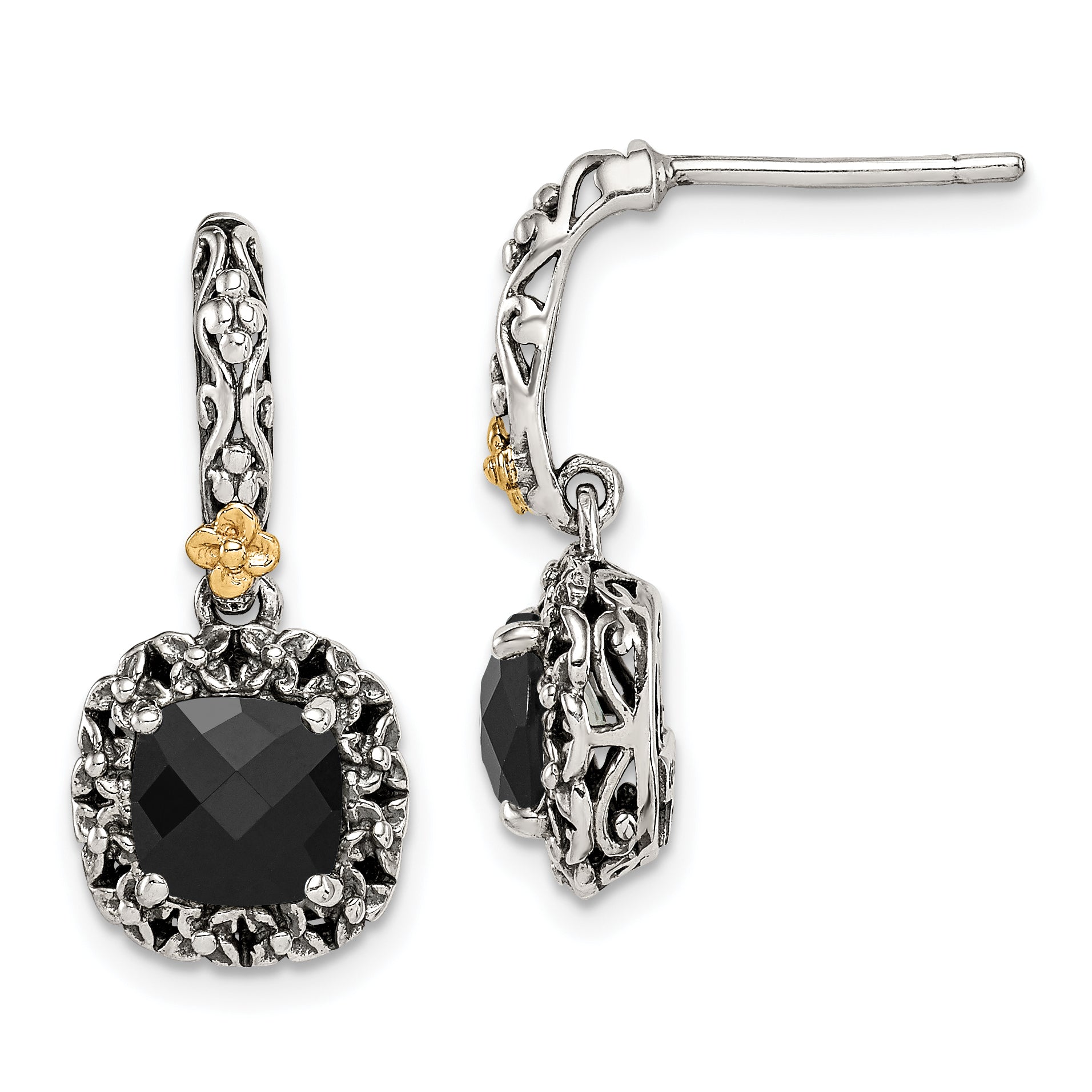 Shey Couture Sterling Silver with 14K Accent Antiqued Checkerboard-cut Black Onyx Post Dangle Earrings Main image