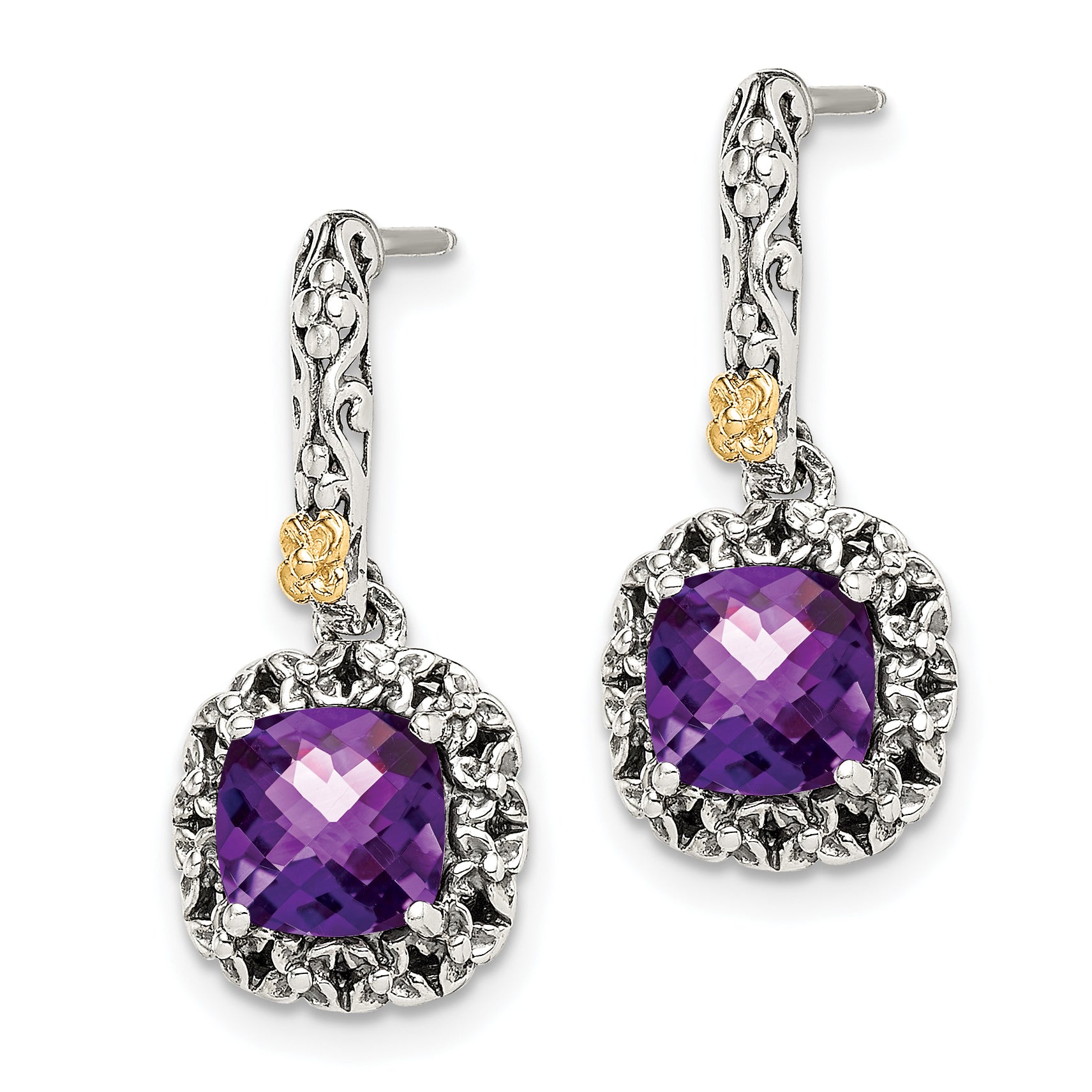 Shey Couture Sterling Silver with 14K Accent Antiqued Cushion Amethyst Post Dangle Earrings Secondary image