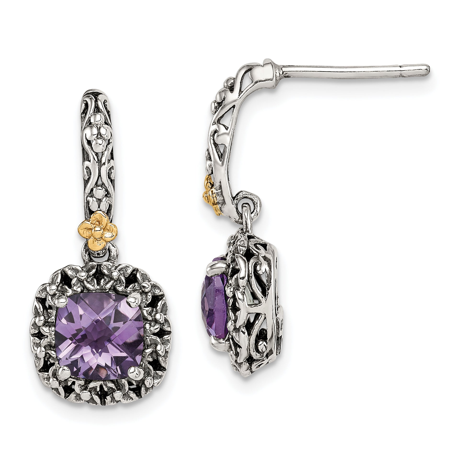Shey Couture Sterling Silver with 14K Accent Antiqued Cushion Amethyst Post Dangle Earrings Main image