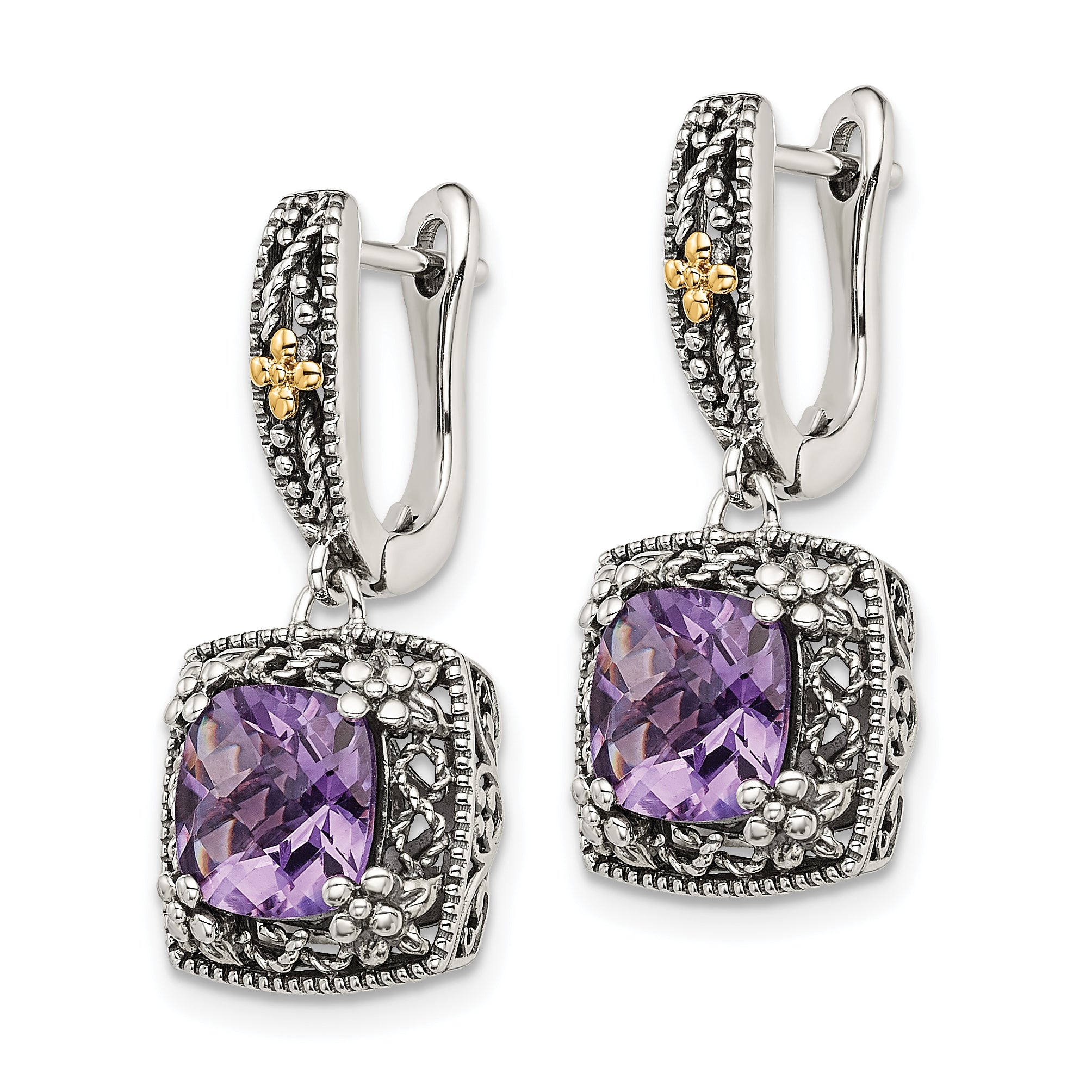 Shey Couture Sterling Silver with 14K Accent Antiqued Cushion Amethyst Hinged Hoop Dangle Earrings