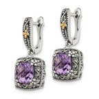 Shey Couture Sterling Silver with 14K Accent Antiqued Cushion Amethyst Hinged Hoop Dangle Earrings