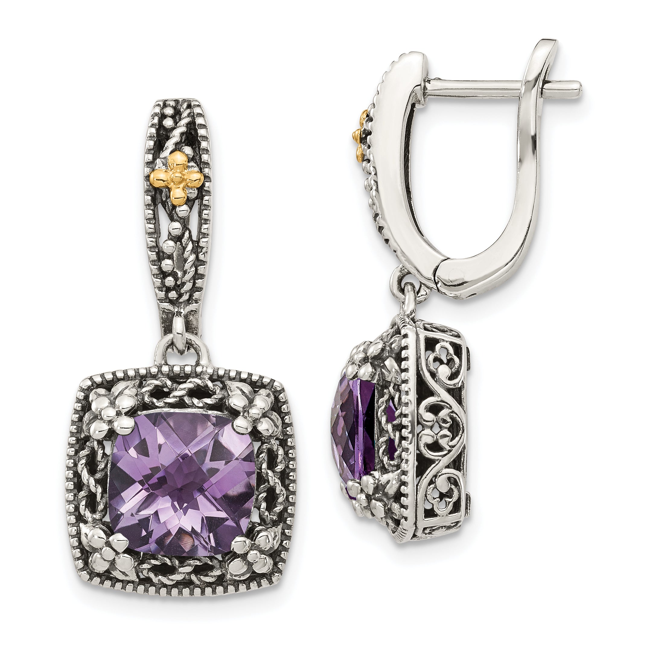 Shey Couture Sterling Silver with 14K Accent Antiqued Cushion Amethyst Hinged Hoop Dangle Earrings Main image