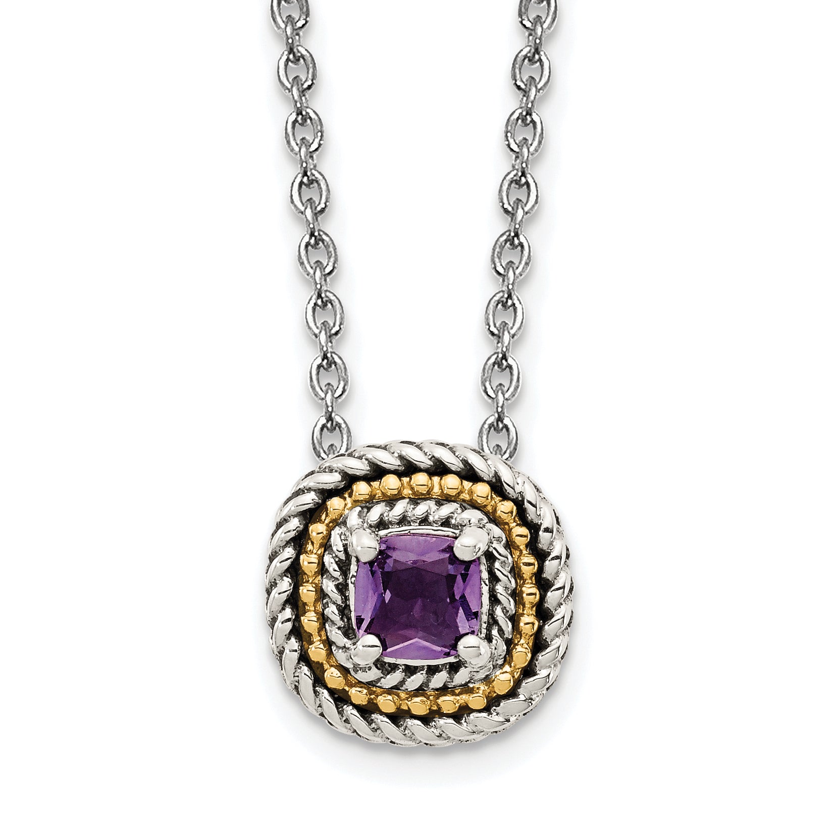 Shey Couture Sterling Silver with 14K Accent 18 Inch Antiqued Cushion Amethyst Necklace