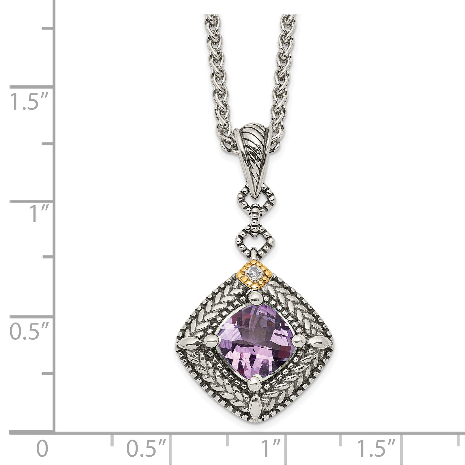 Shey Couture Sterling Silver with 14K Accent 18 Inch Antiqued Cushion Amethyst and Diamond Necklace