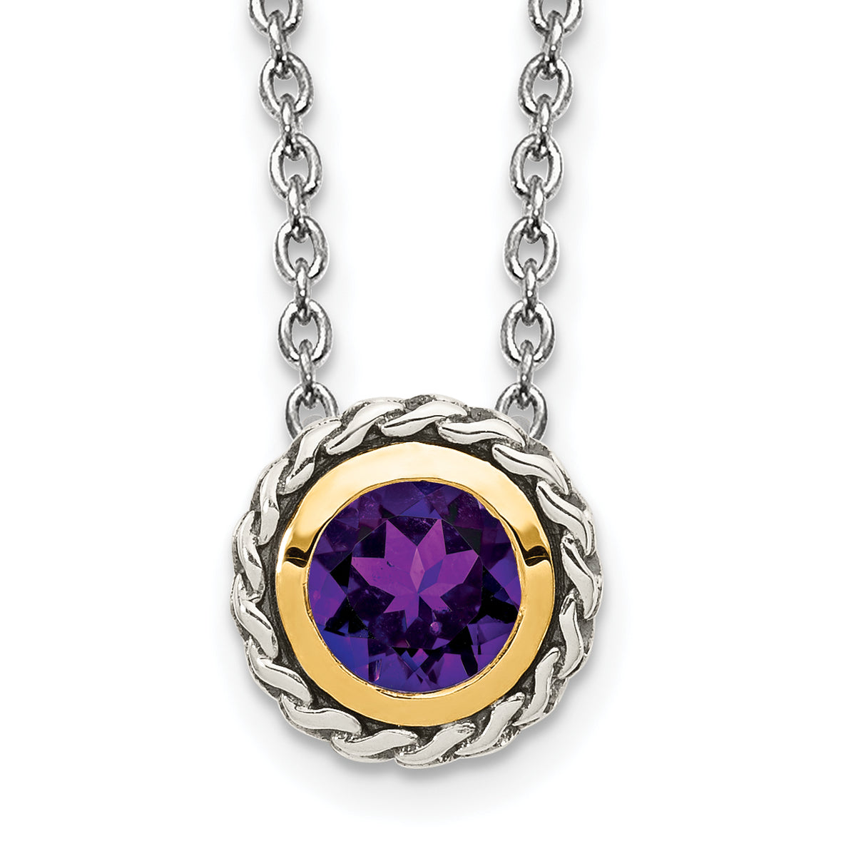 Shey Couture Sterling Silver with 14K Accent 18 Inch Antiqued Round Bezel Amethyst Necklace