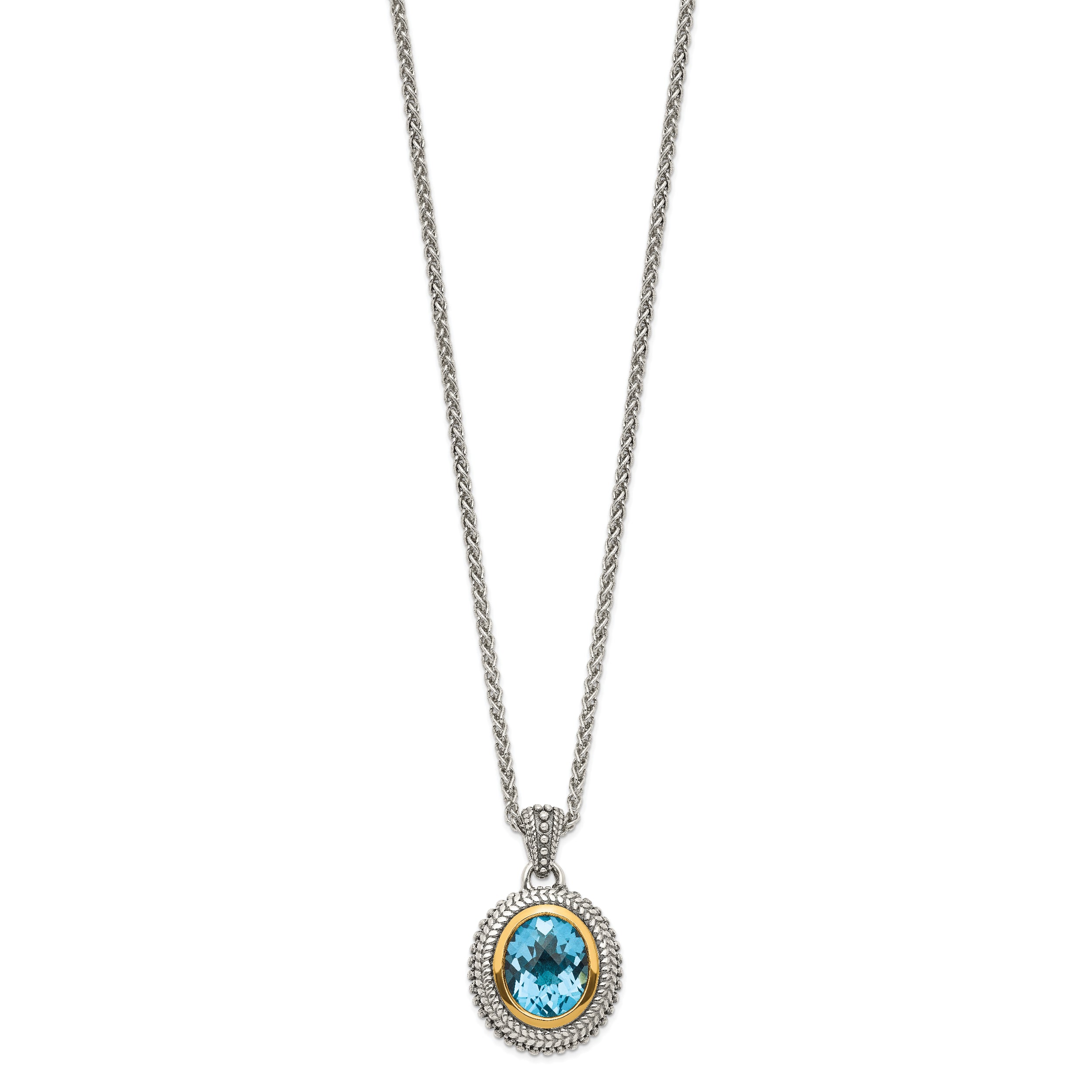 Shey Couture Sterling Silver with 14K Accent 18 Inch Antiqued Oval Bezel Light Swiss Blue Topaz Necklace