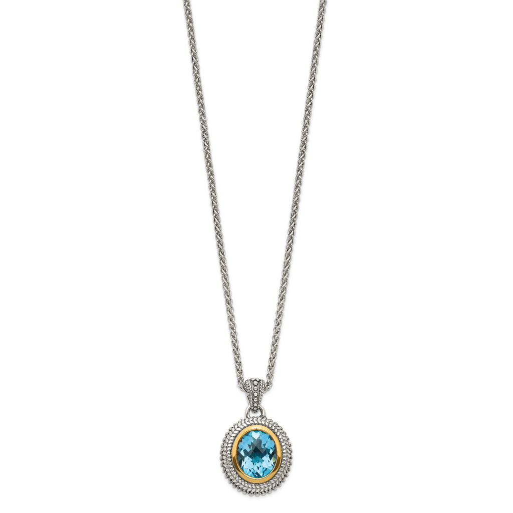 Shey Couture Sterling Silver with 14K Accent 18 Inch Antiqued Oval Bezel Light Swiss Blue Topaz Necklace