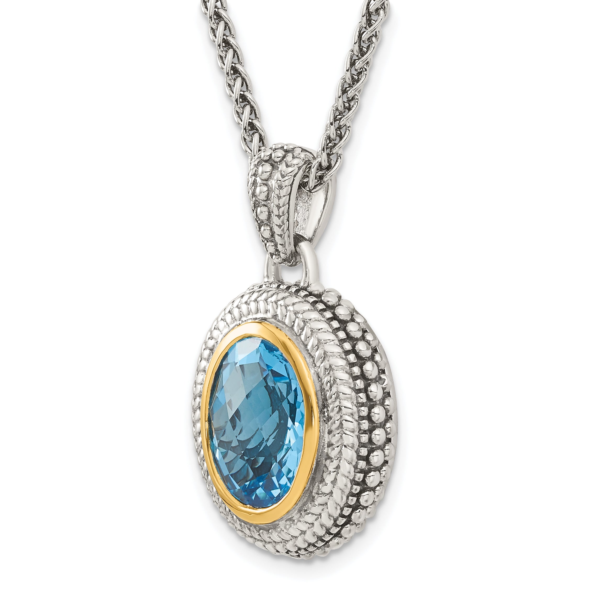Shey Couture Sterling Silver with 14K Accent 18 Inch Antiqued Oval Bezel Light Swiss Blue Topaz Necklace