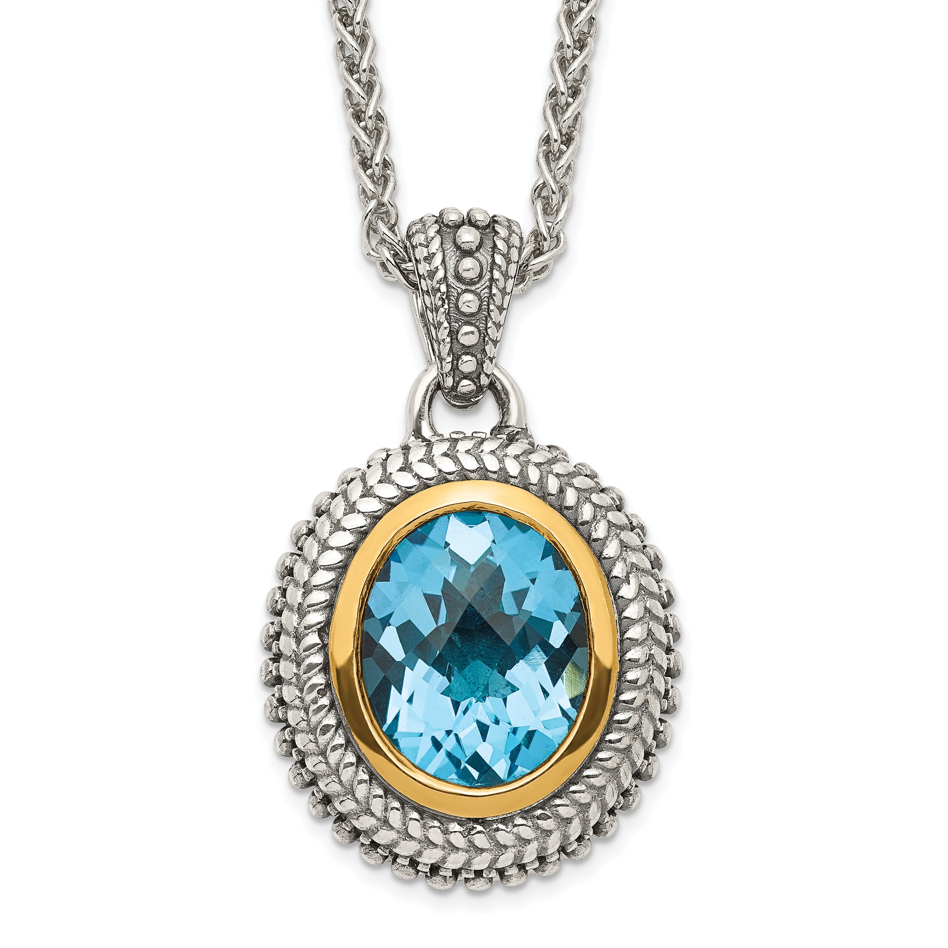Shey Couture Sterling Silver with 14K Accent 18 Inch Antiqued Oval Bezel Light Swiss Blue Topaz Necklace