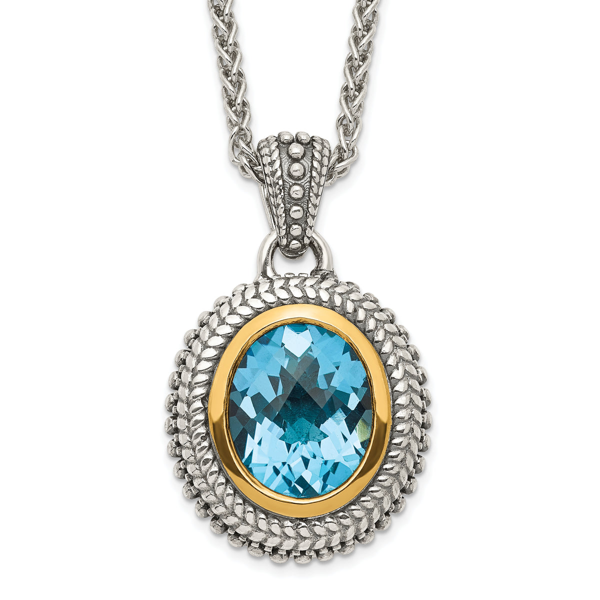 Shey Couture Sterling Silver with 14K Accent 18 Inch Antiqued Oval Bezel Light Swiss Blue Topaz Necklace