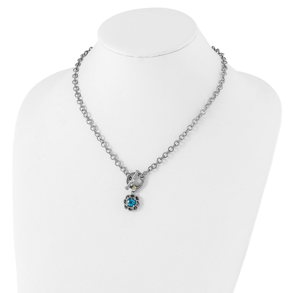 Shey Couture Sterling Silver Rhodium-plated with 14K Accent 18 Inch Round Light Swiss Blue Topaz and Diamond Toggle Necklace