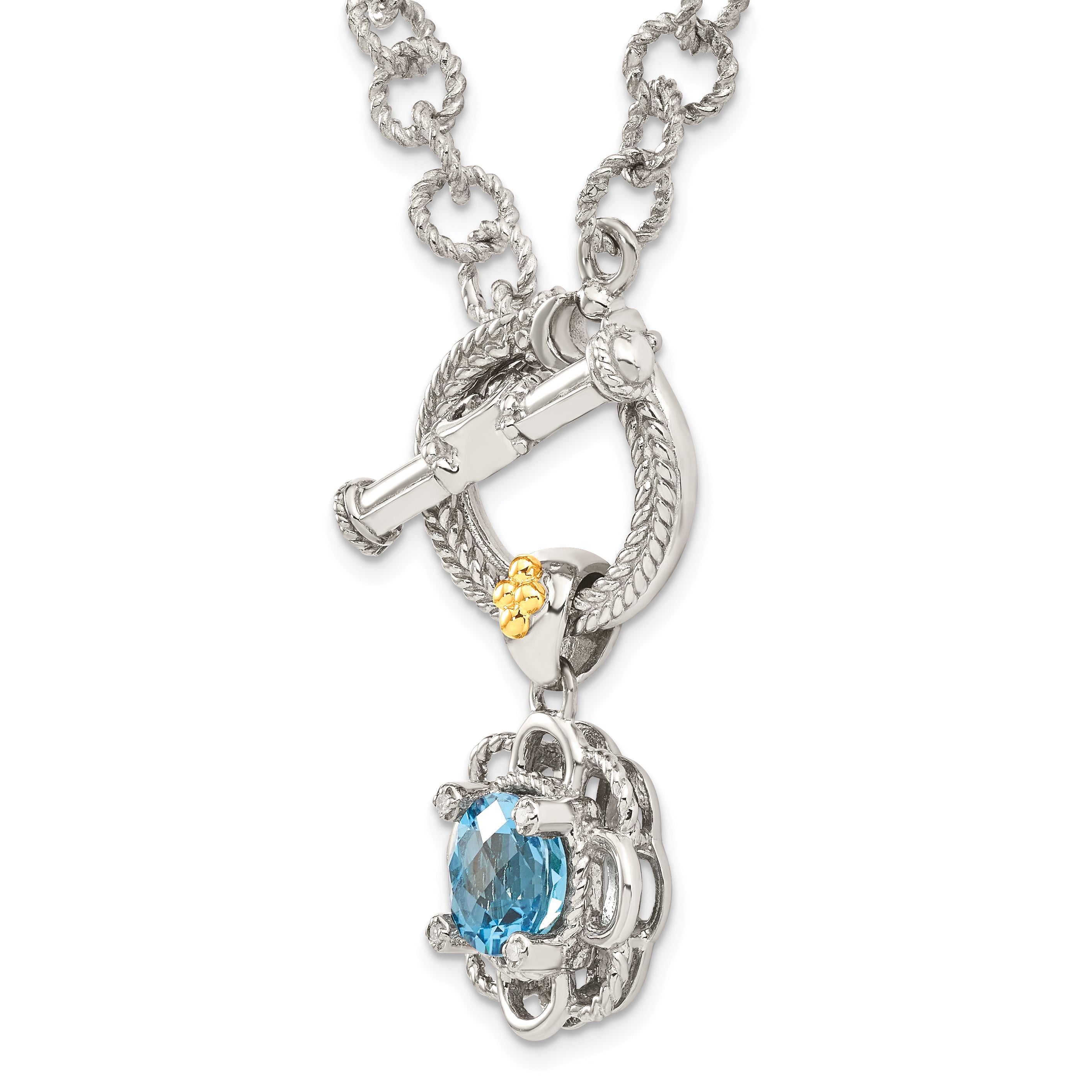 Shey Couture Sterling Silver Rhodium-plated with 14K Accent 18 Inch Round Light Swiss Blue Topaz and Diamond Toggle Necklace