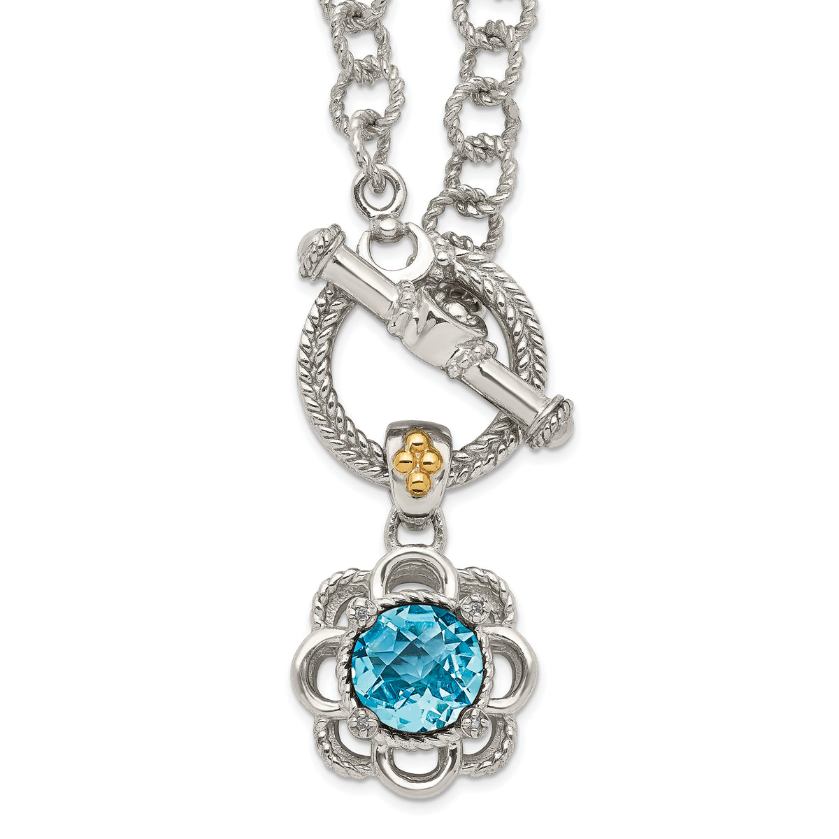 Shey Couture Sterling Silver Rhodium-plated with 14K Accent 18 Inch Round Light Swiss Blue Topaz and Diamond Toggle Necklace