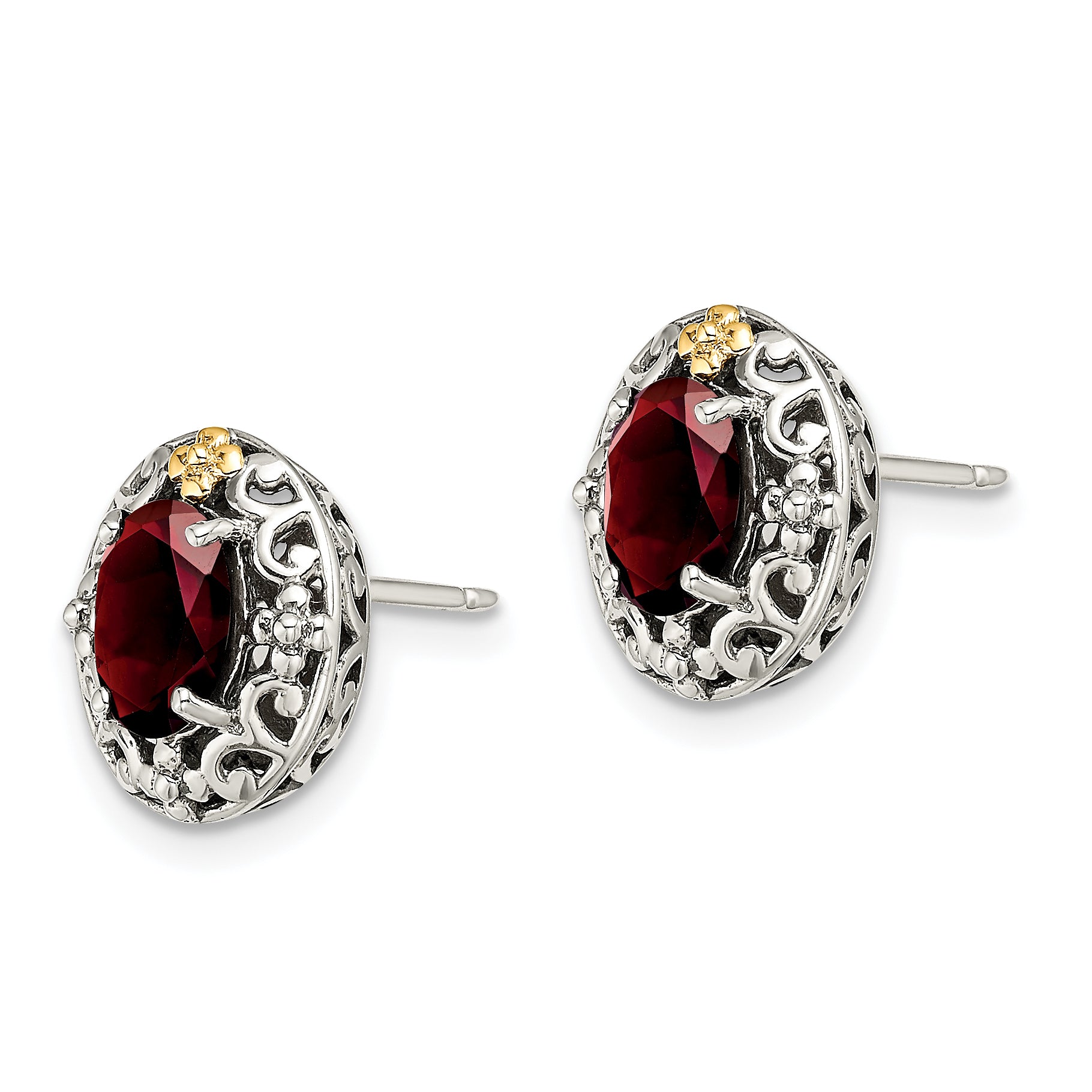 Shey Couture Sterling Silver with 14K Accent Antiqued Oval Garnet Post Earrings Secondary image