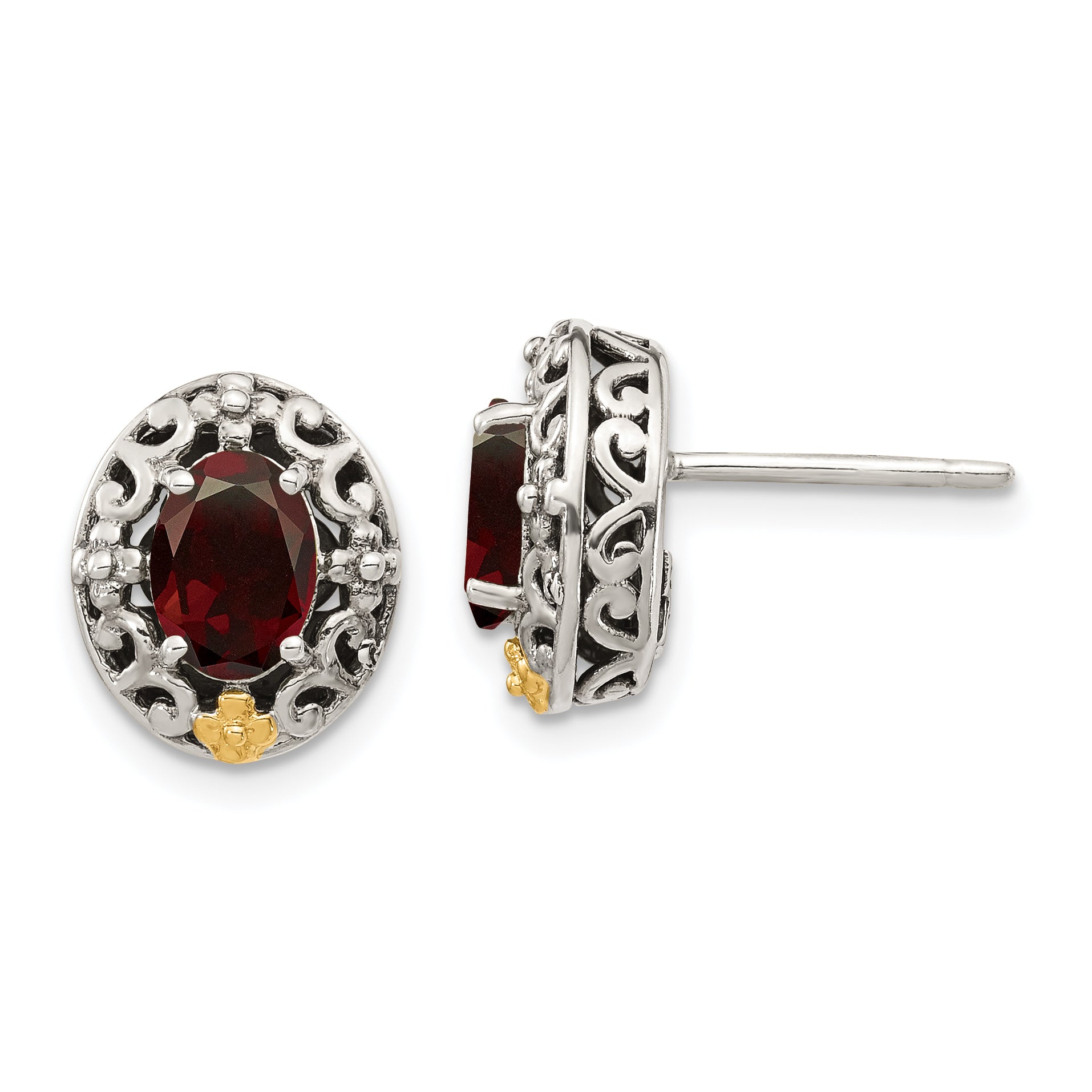 Shey Couture Sterling Silver with 14K Accent Antiqued Oval Garnet Post Earrings Main image