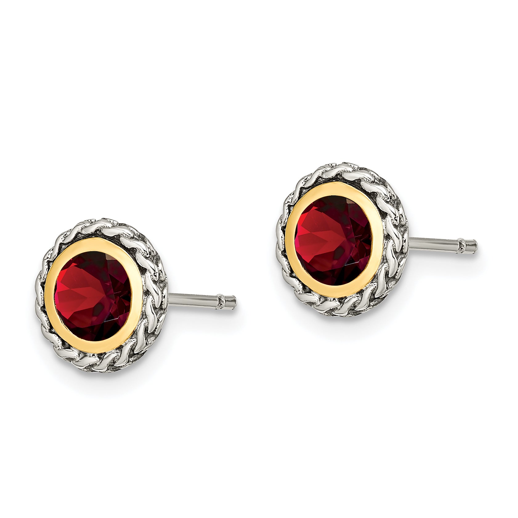Shey Couture Sterling Silver with 14K Accent Antiqued Round Bezel Garnet Post Earrings Secondary image