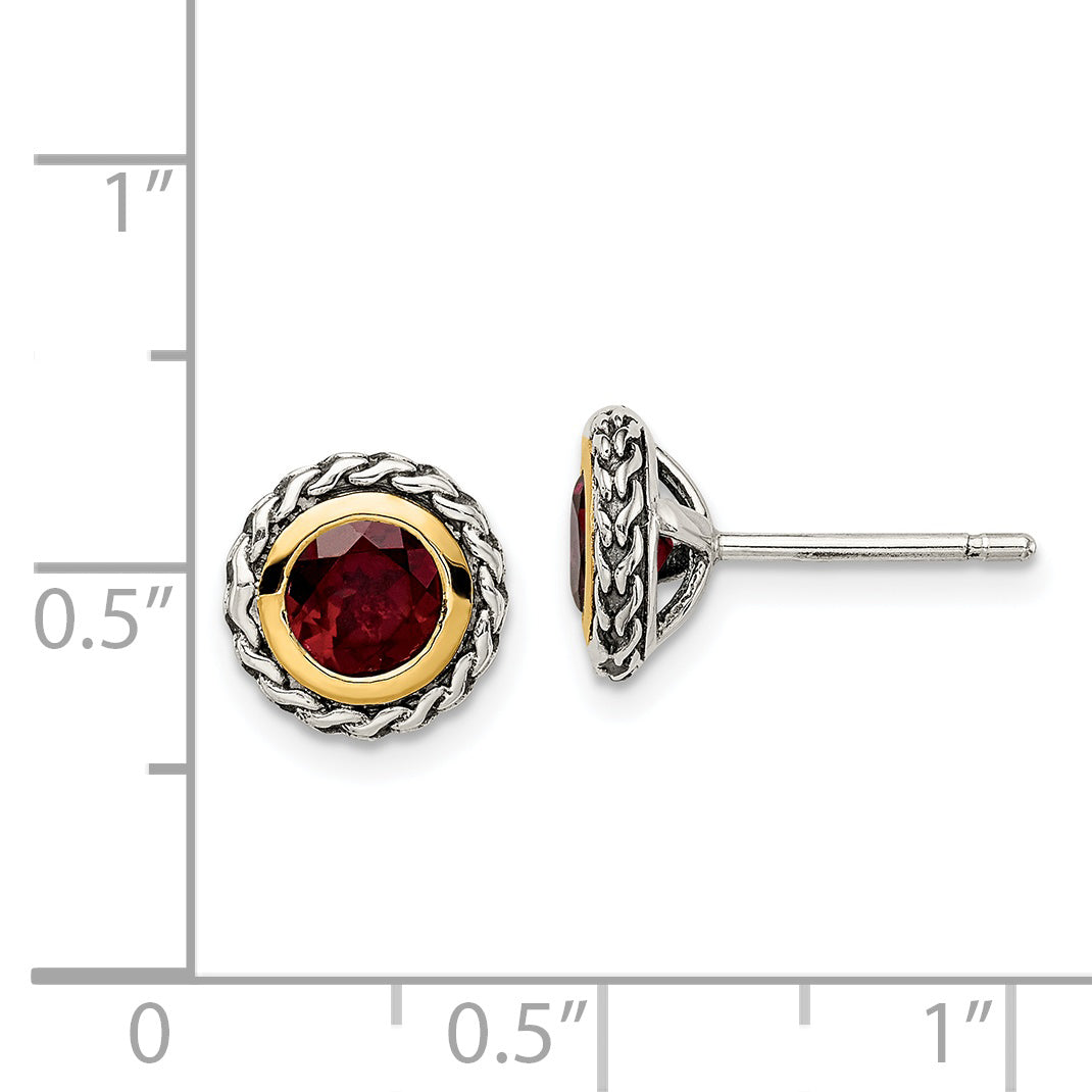 Shey Couture Sterling Silver with 14K Accent Antiqued Round Bezel Garnet Post Earrings
