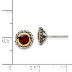 Shey Couture Sterling Silver with 14K Accent Antiqued Round Bezel Garnet Post Earrings
