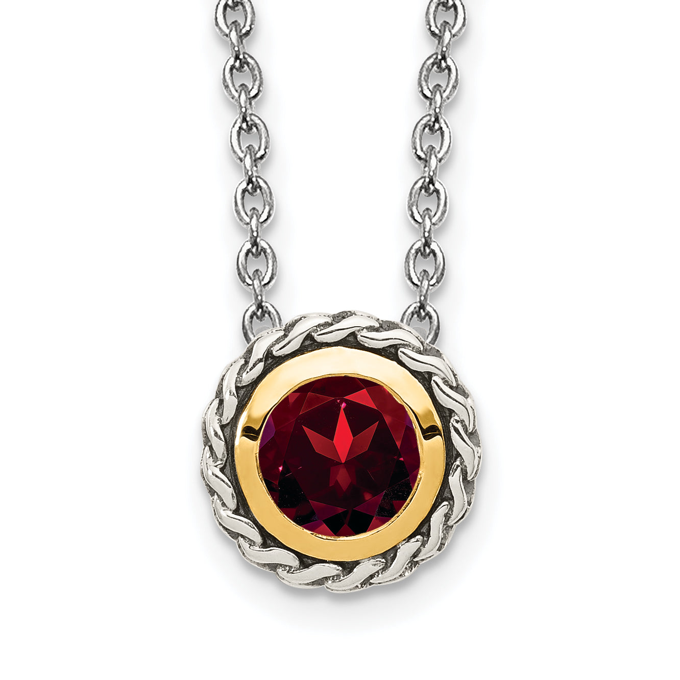 Shey Couture Sterling Silver with 14K Accent 18 Inch Antiqued Round Bezel Garnet Necklace