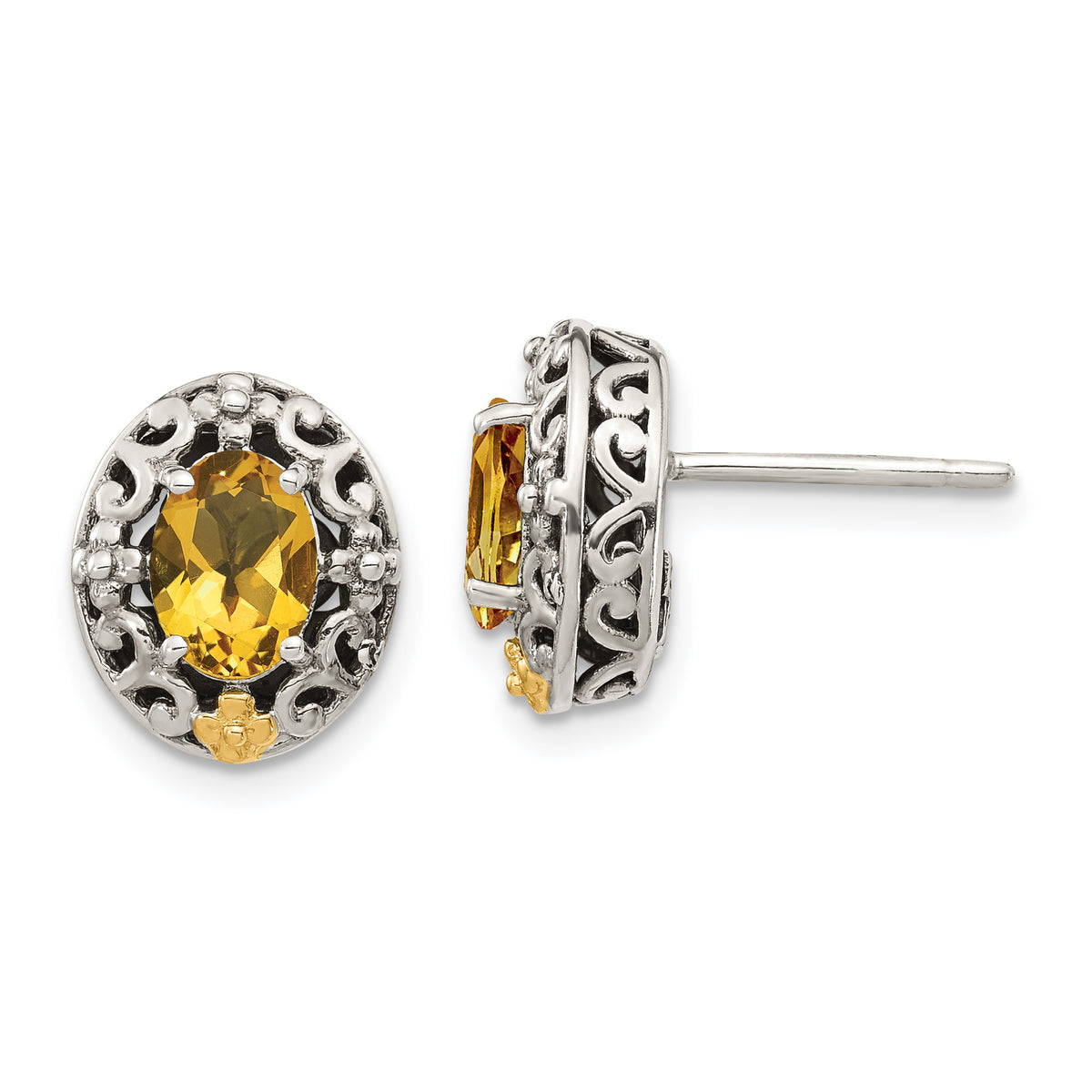 Shey Couture Sterling Silver with 14K Accent Antiqued Oval Citrine Post Earrings